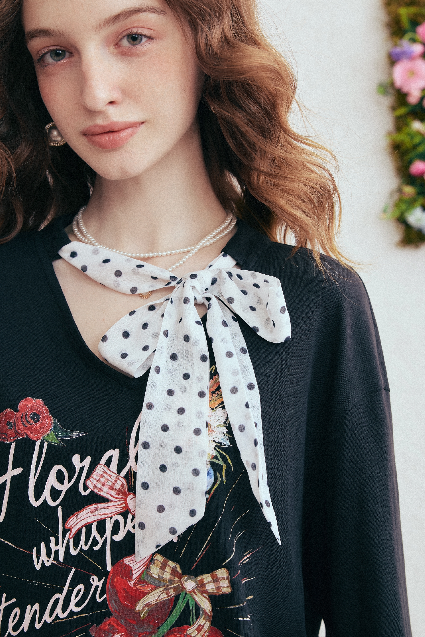 Floral Polka-Dot Tie-Detail Crewneck T-Shirt