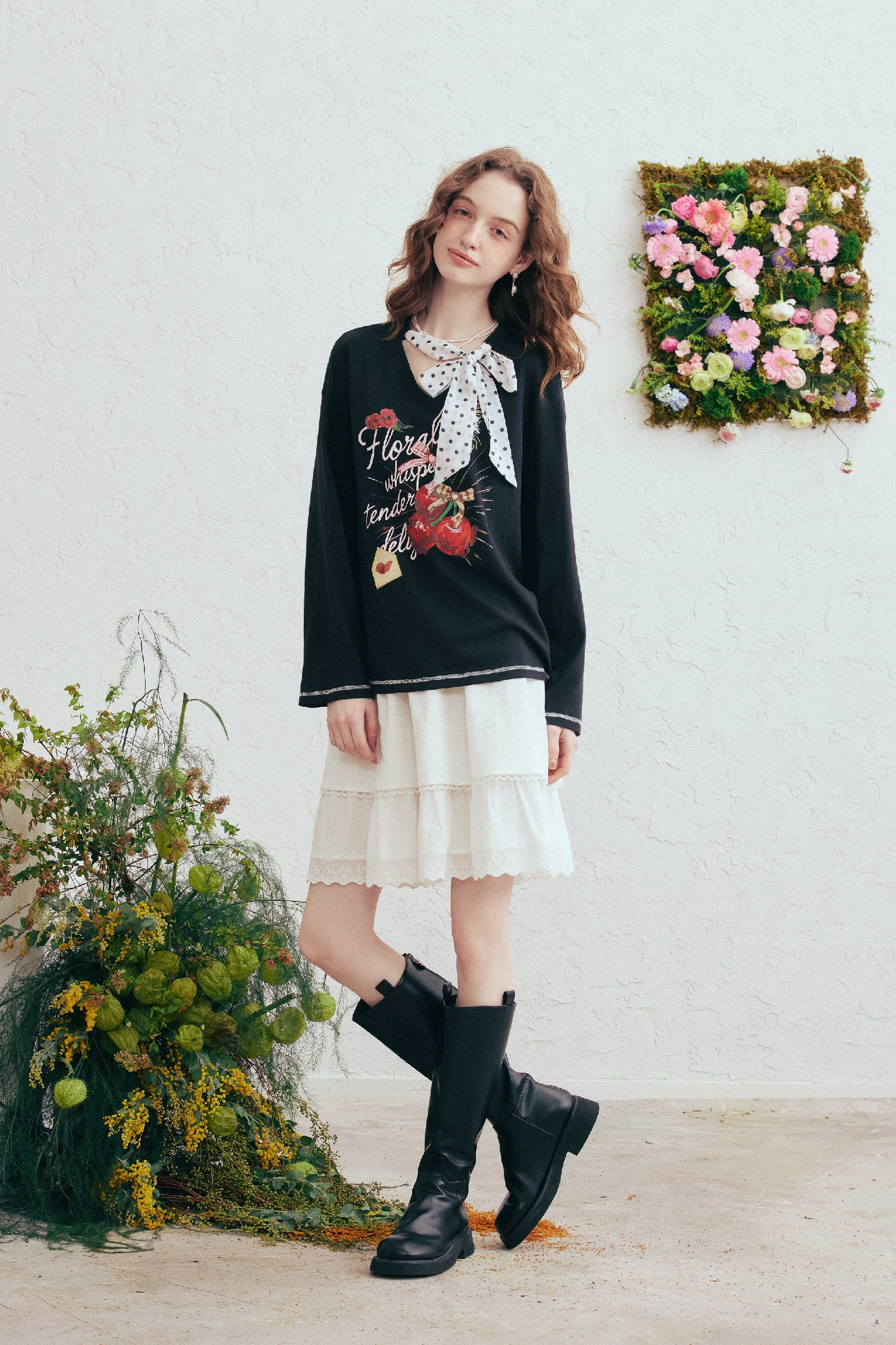 Floral Polka-Dot Tie-Detail Crewneck T-Shirt