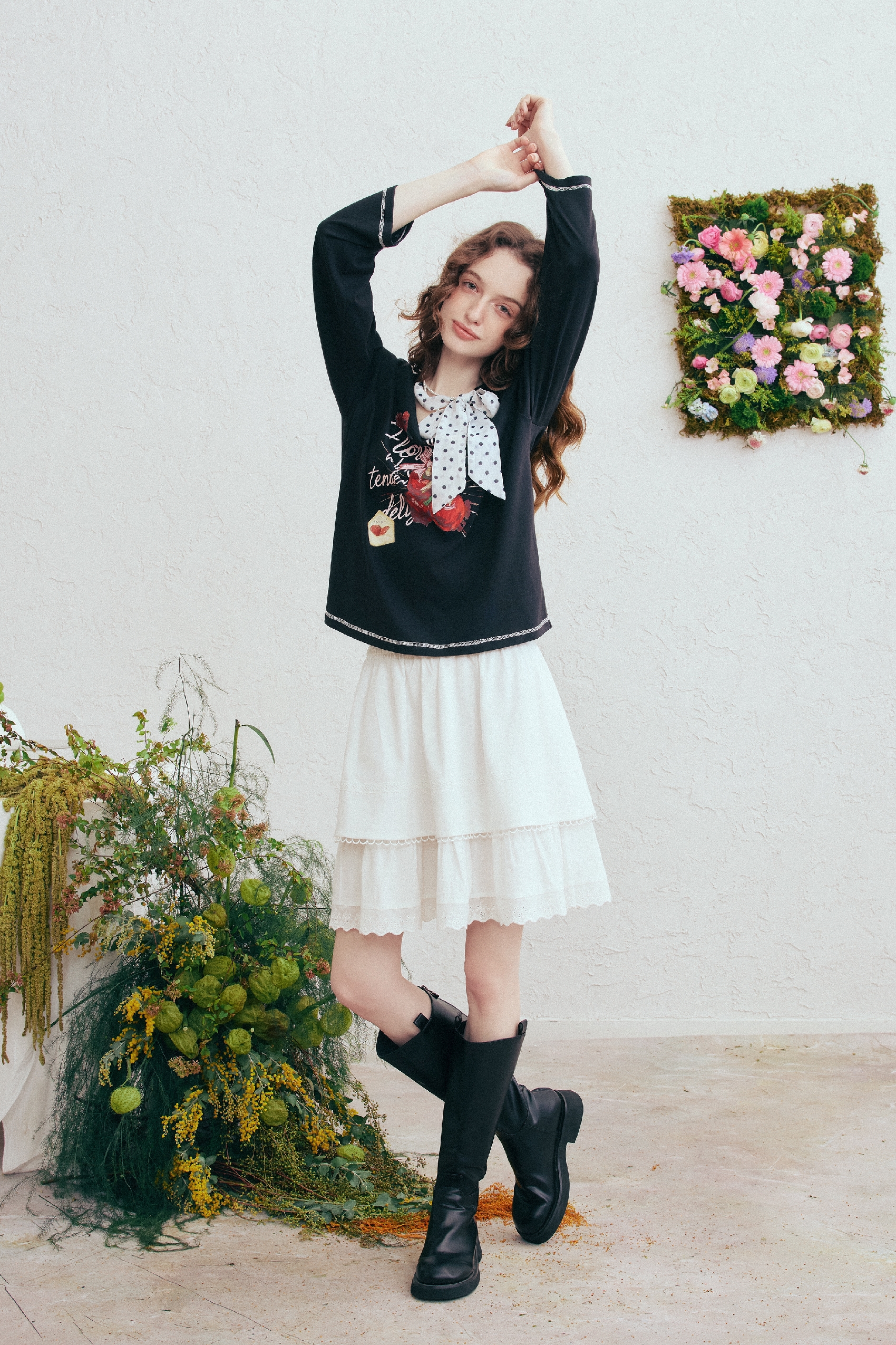 Floral Polka-Dot Tie-Detail Crewneck T-Shirt