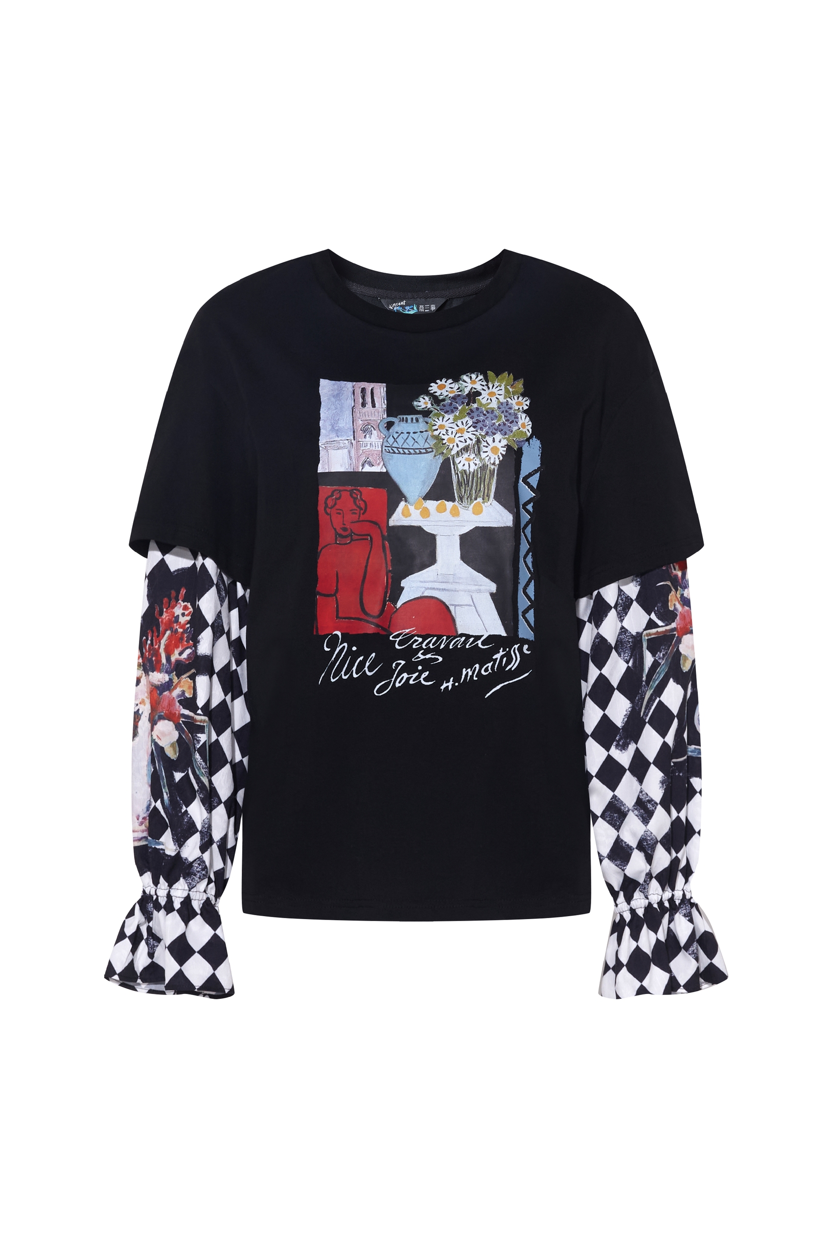 Plaid Sleeve Layered-Look Printed T-Shirt