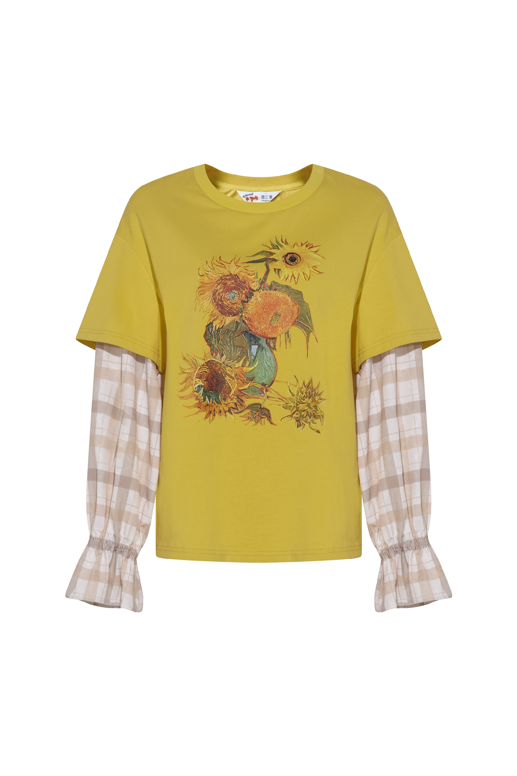 Plaid Sleeve Layered-Look Printed T-Shirt