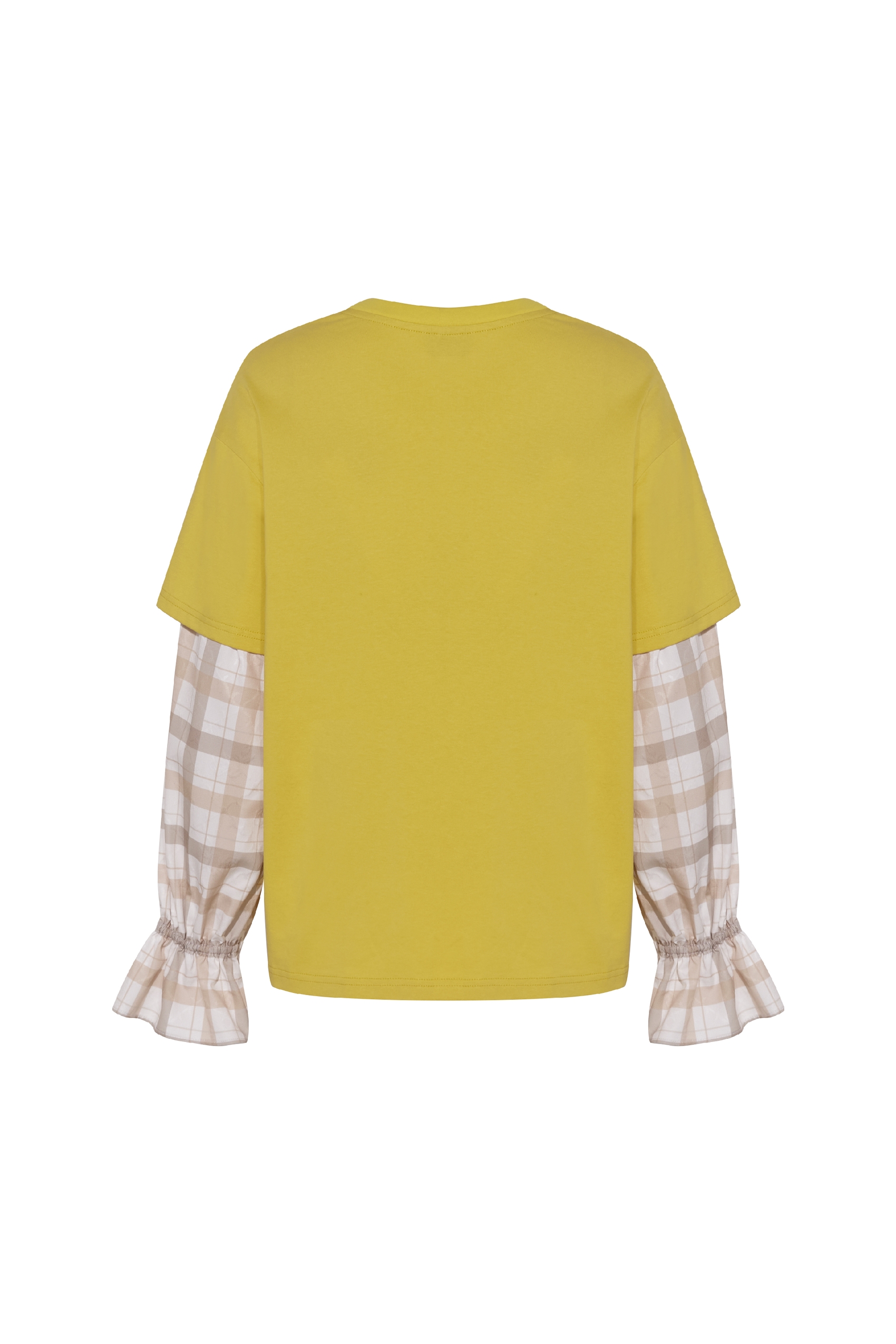 Plaid Sleeve Layered-Look Printed T-Shirt