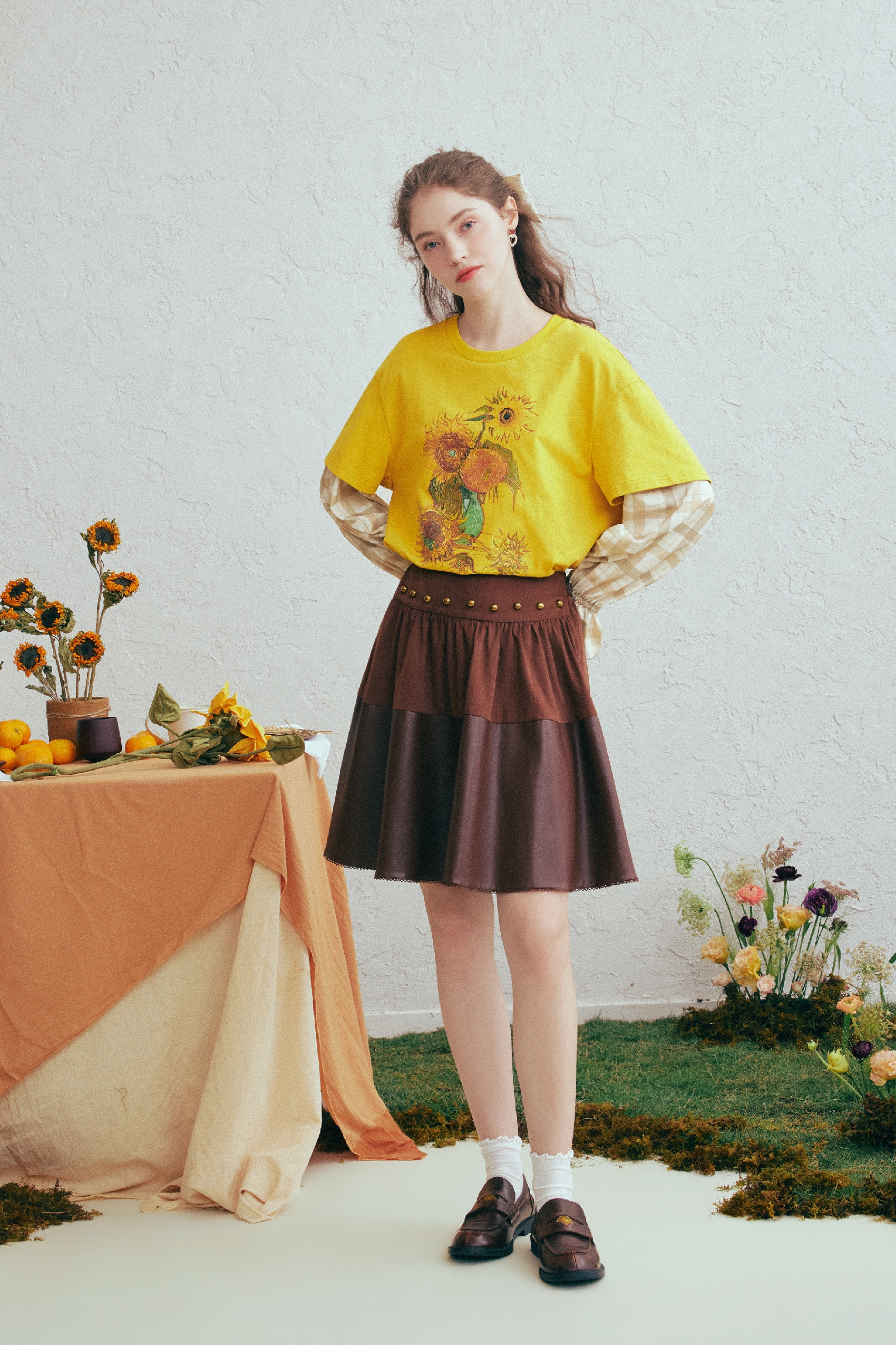 Plaid Sleeve Layered-Look Printed T-Shirt