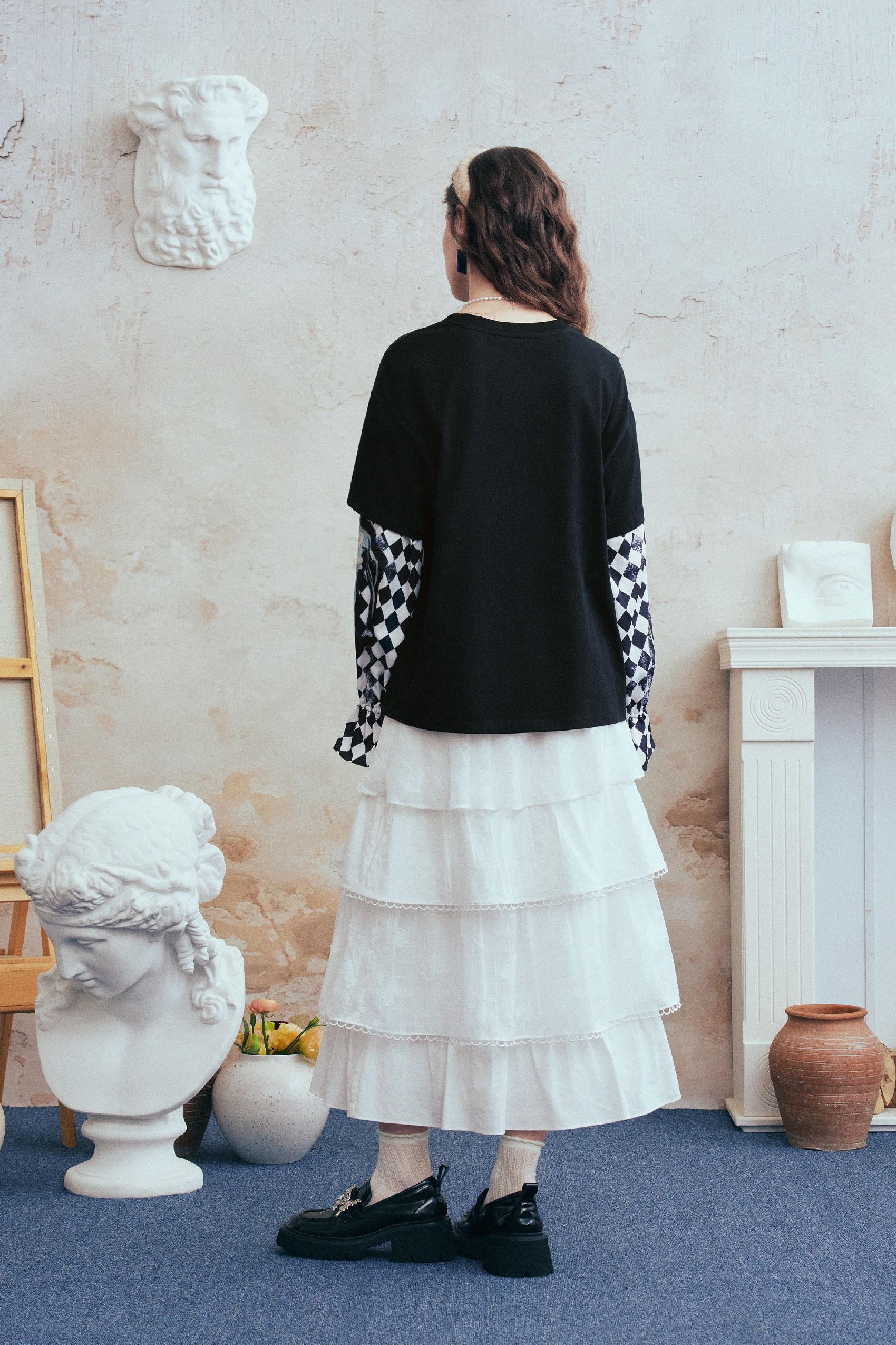 Plaid Sleeve Layered-Look Printed T-Shirt