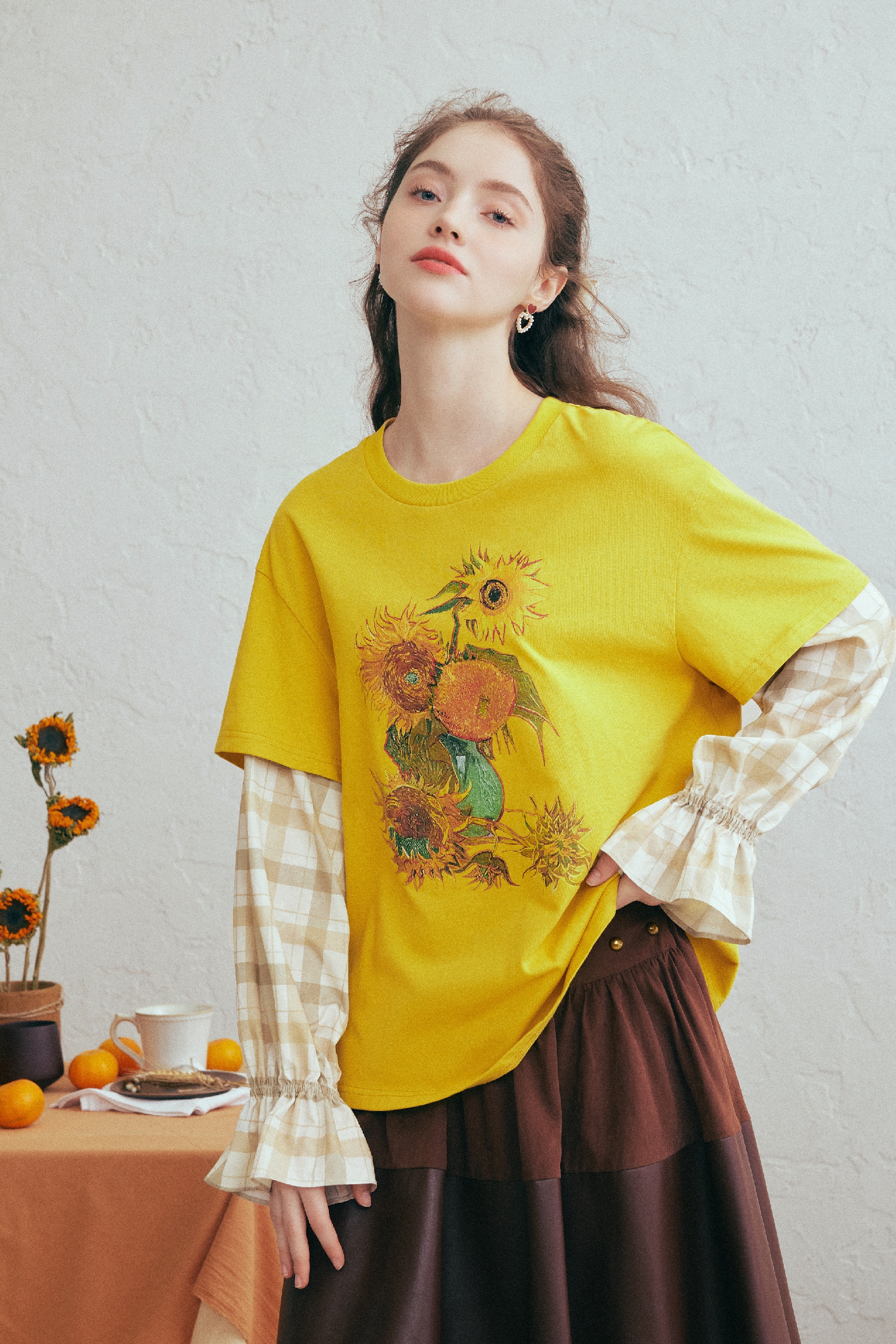 Plaid Sleeve Layered-Look Printed T-Shirt