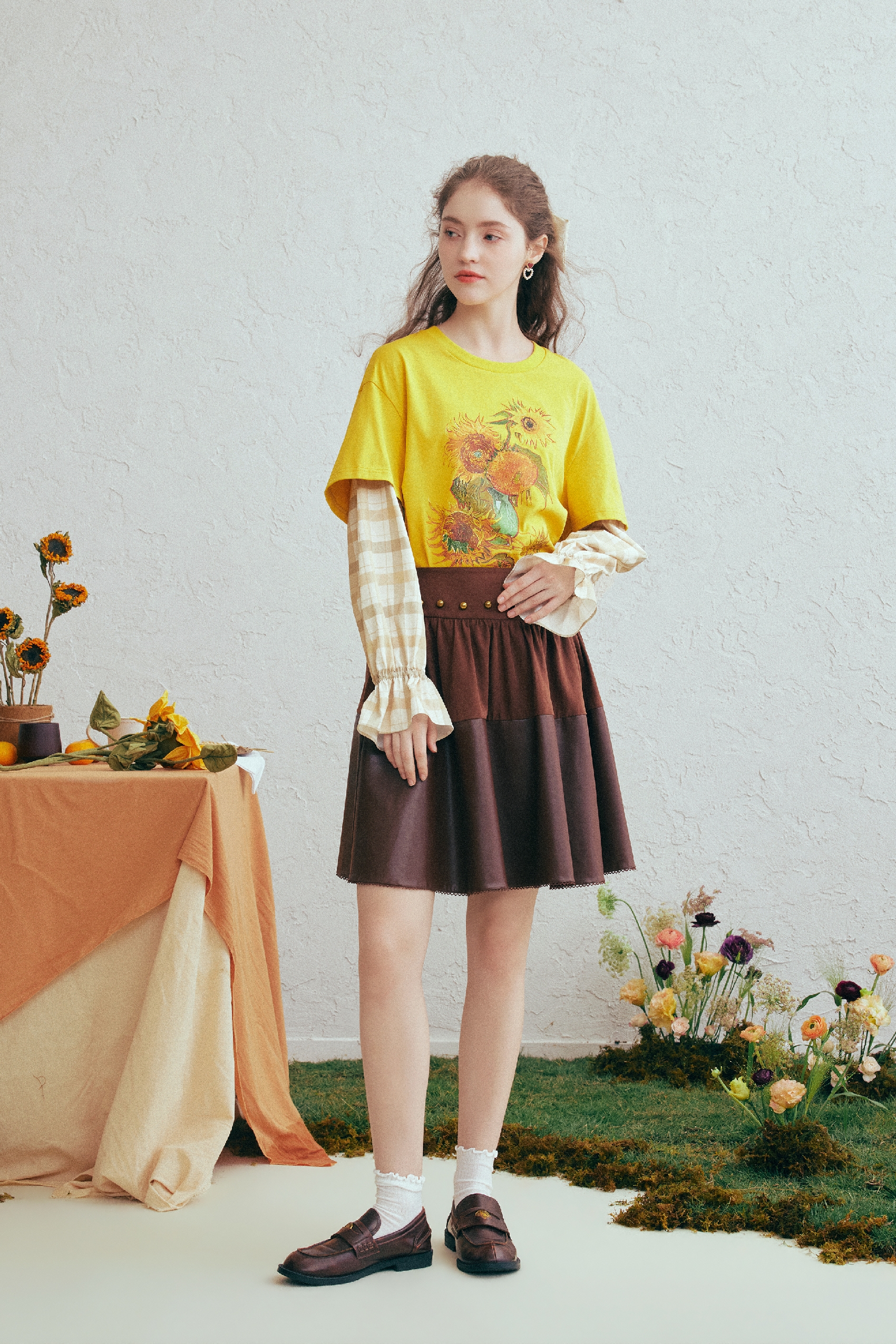 Plaid Sleeve Layered-Look Printed T-Shirt