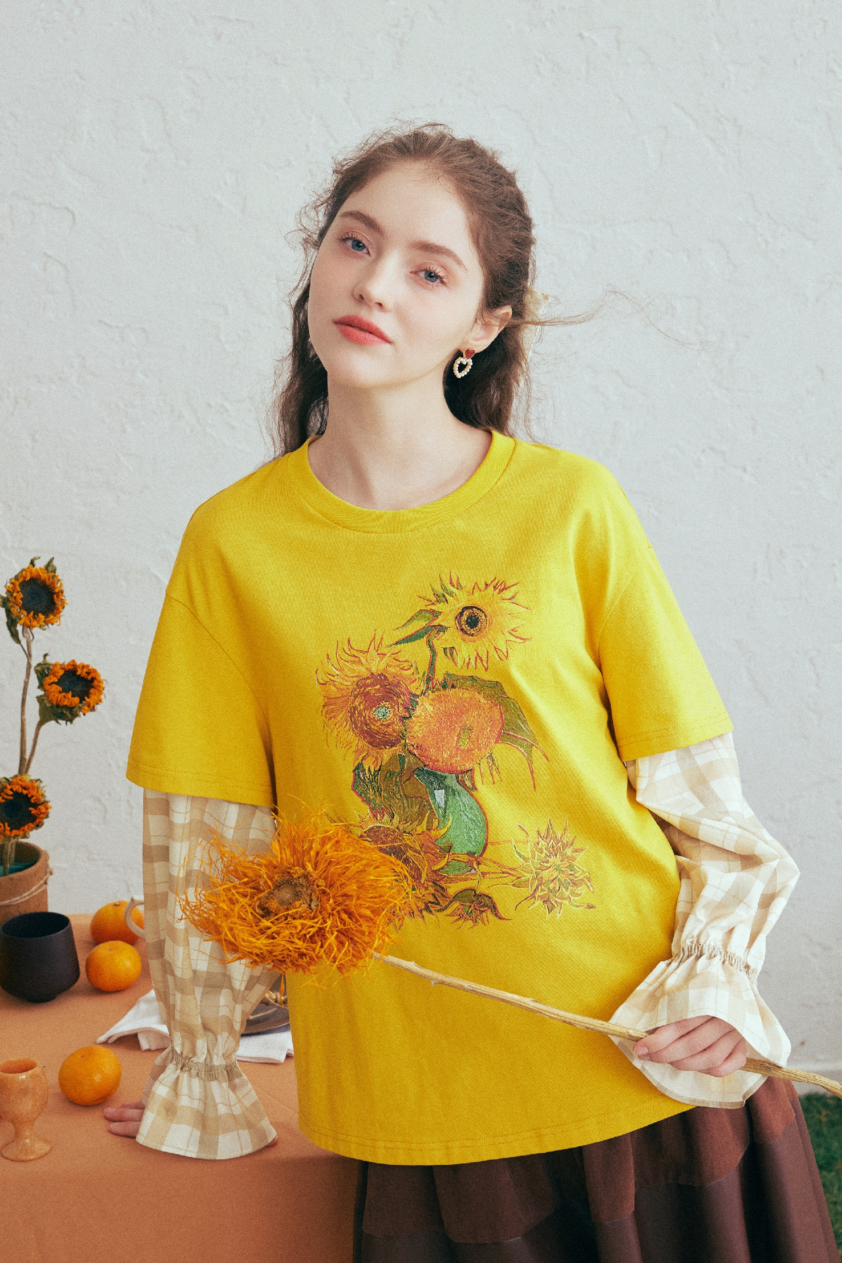 Plaid Sleeve Layered-Look Printed T-Shirt