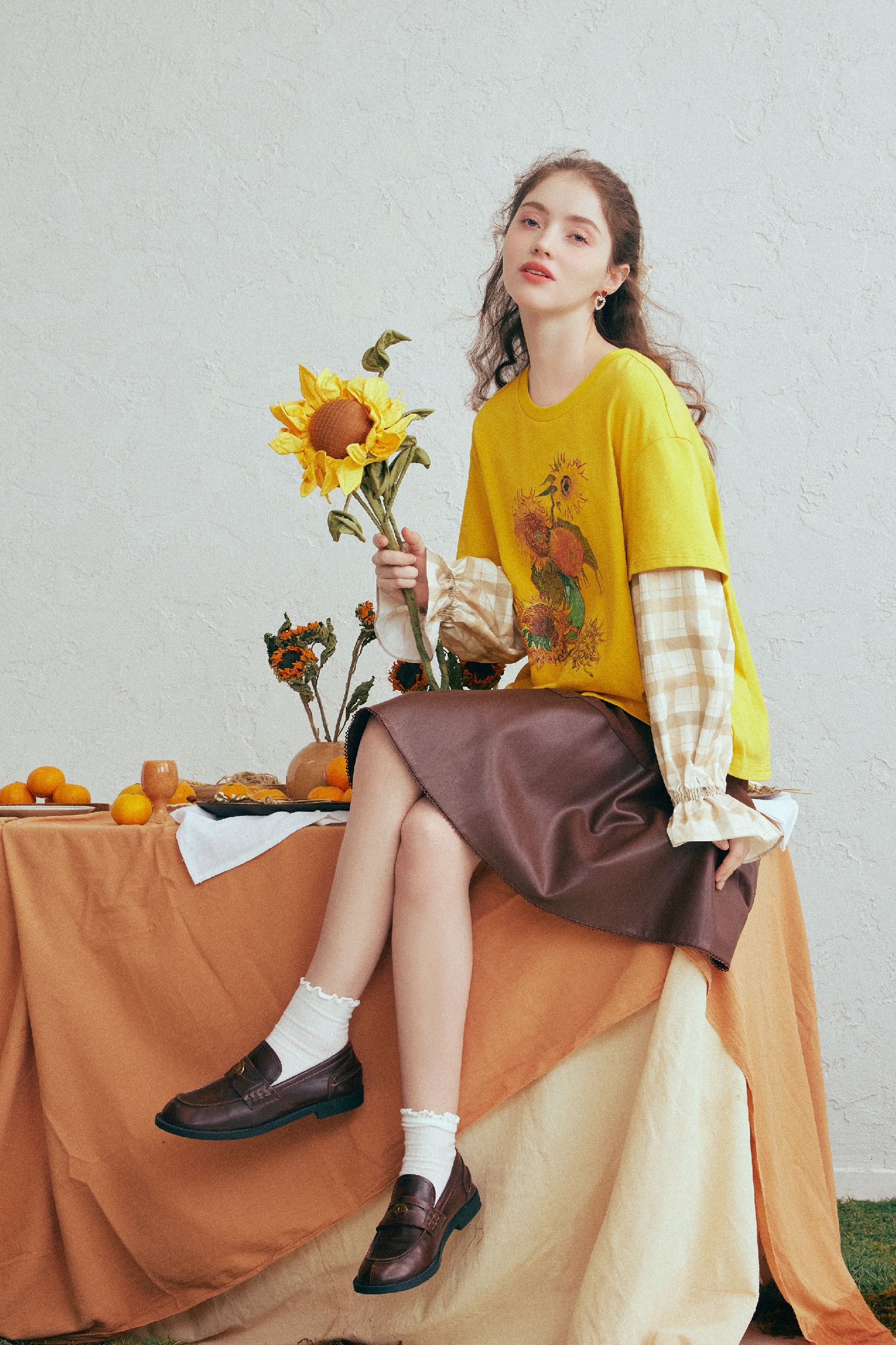 Plaid Sleeve Layered-Look Printed T-Shirt