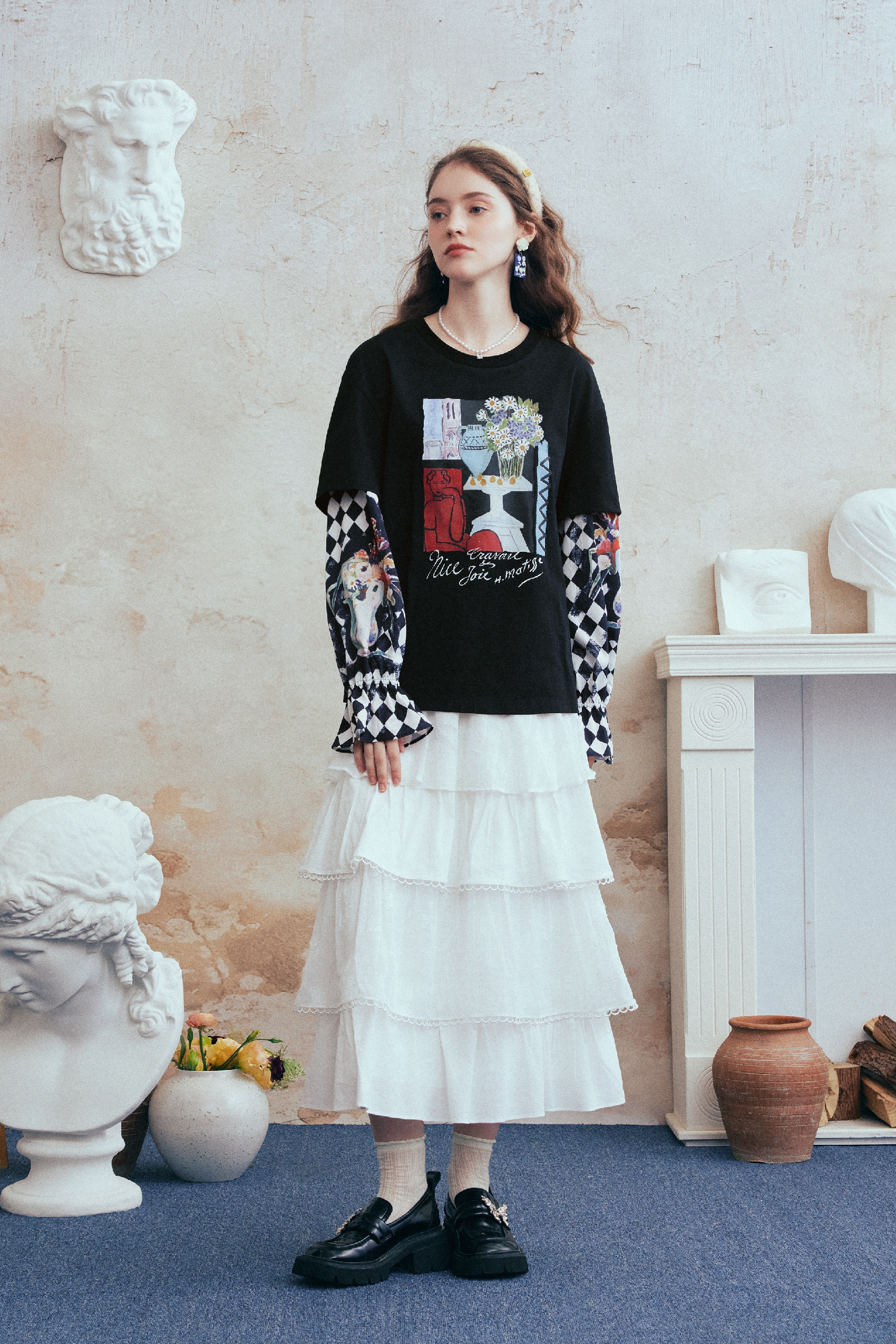 Plaid Sleeve Layered-Look Printed T-Shirt