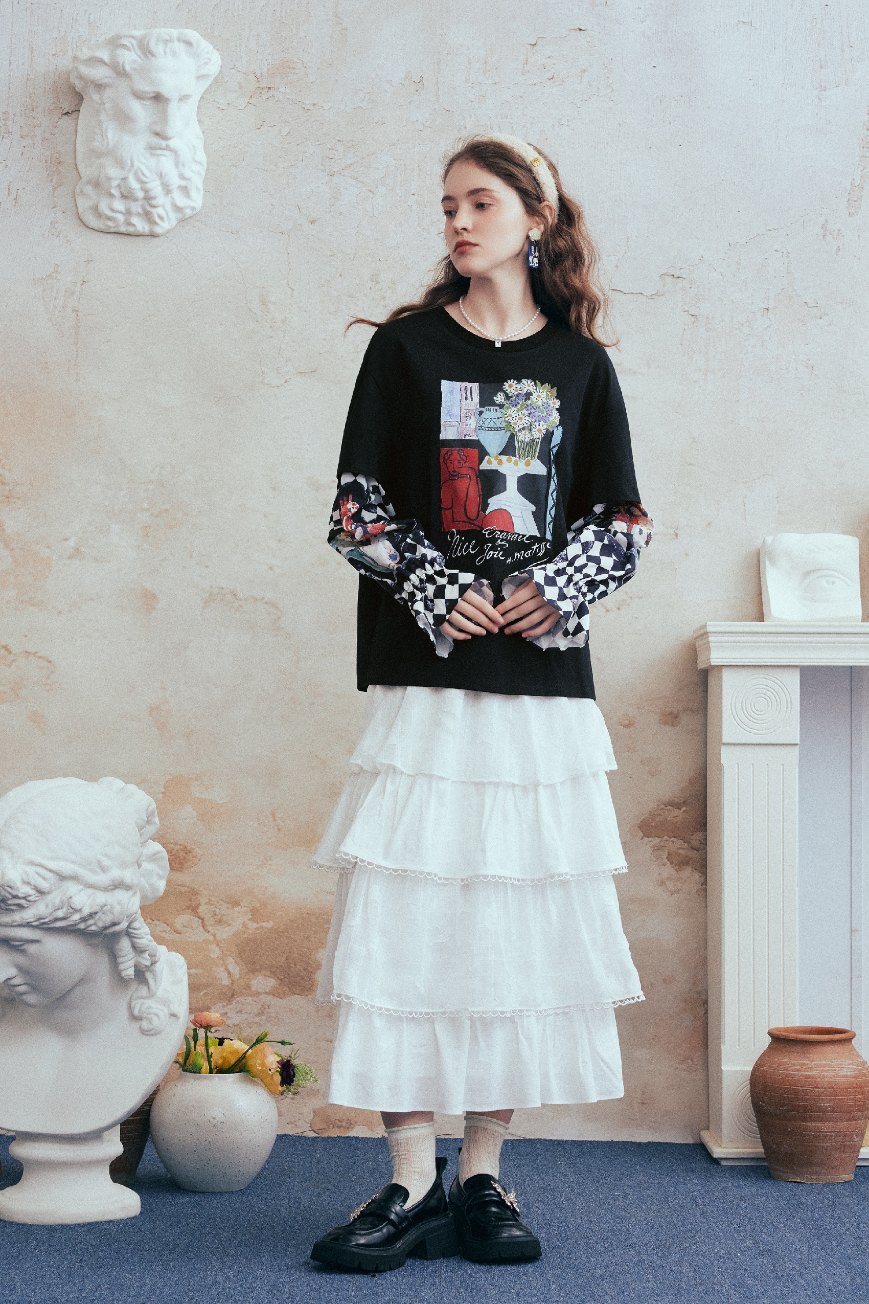 Plaid Sleeve Layered-Look Printed T-Shirt