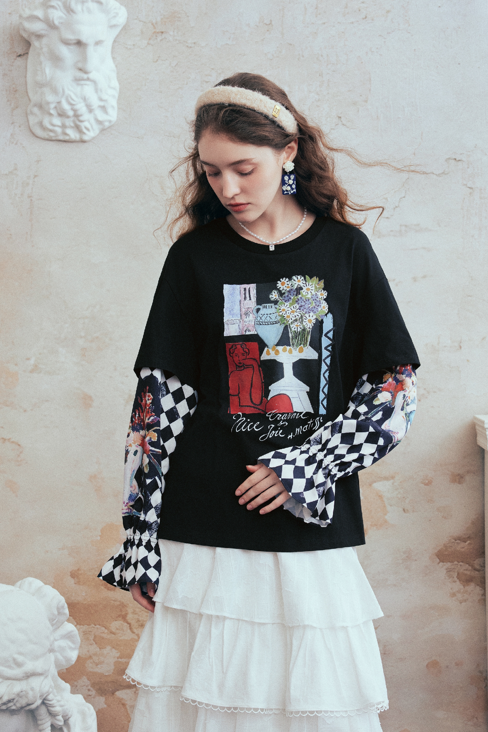 Plaid Sleeve Layered-Look Printed T-Shirt