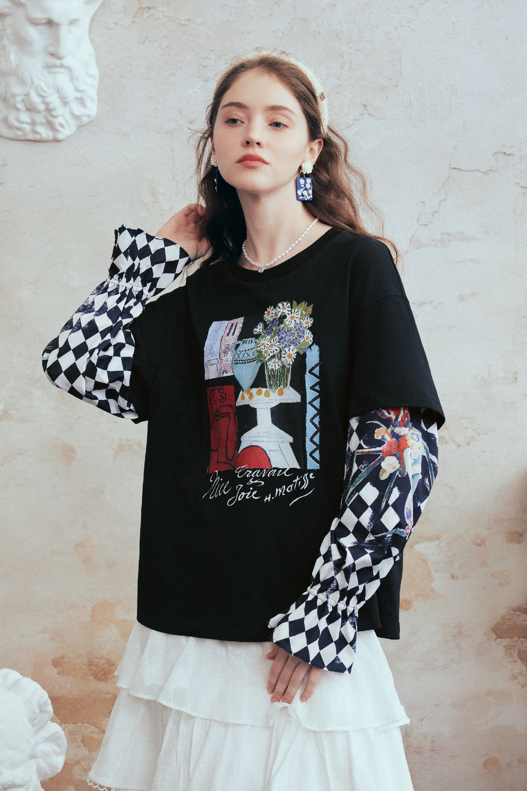 Plaid Sleeve Layered-Look Printed T-Shirt