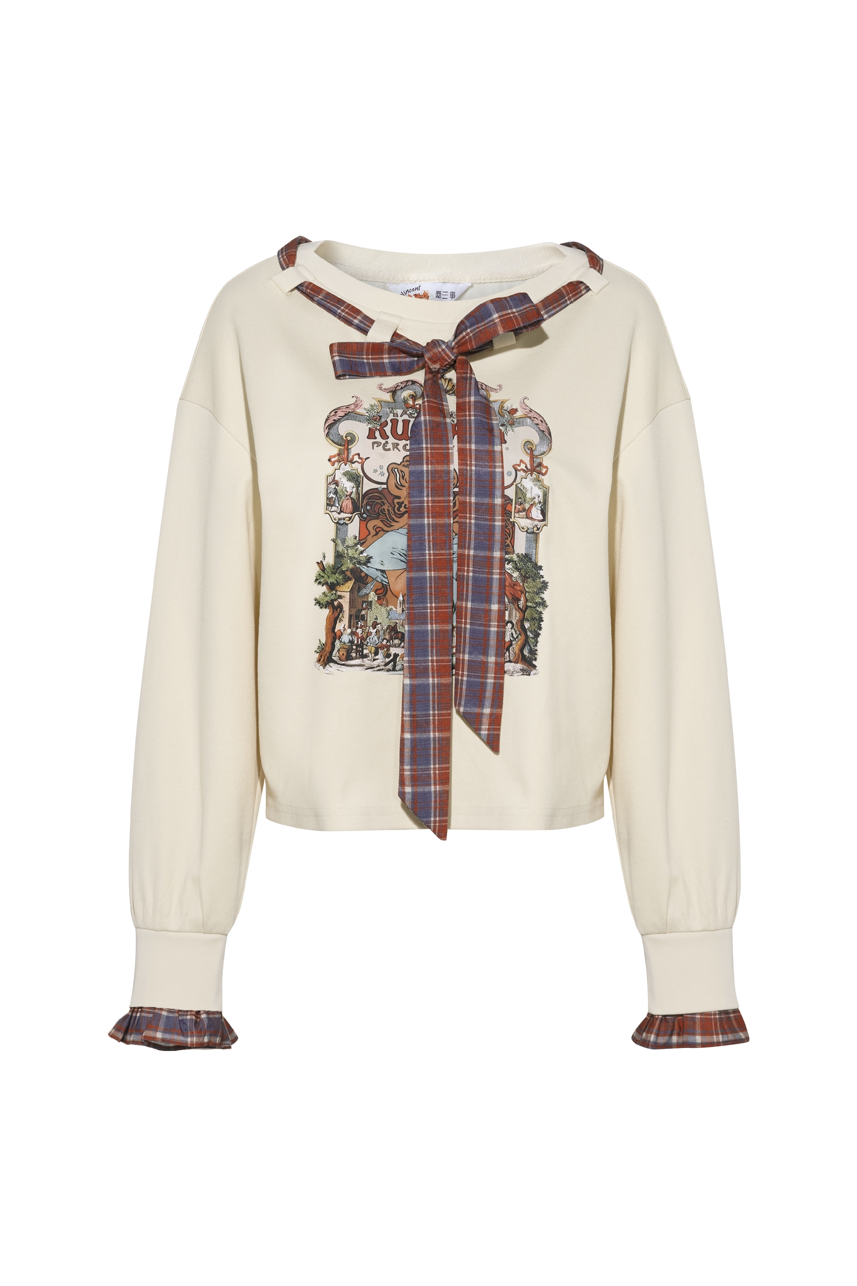 Vintage Printed Plaid Bow T-Shirt