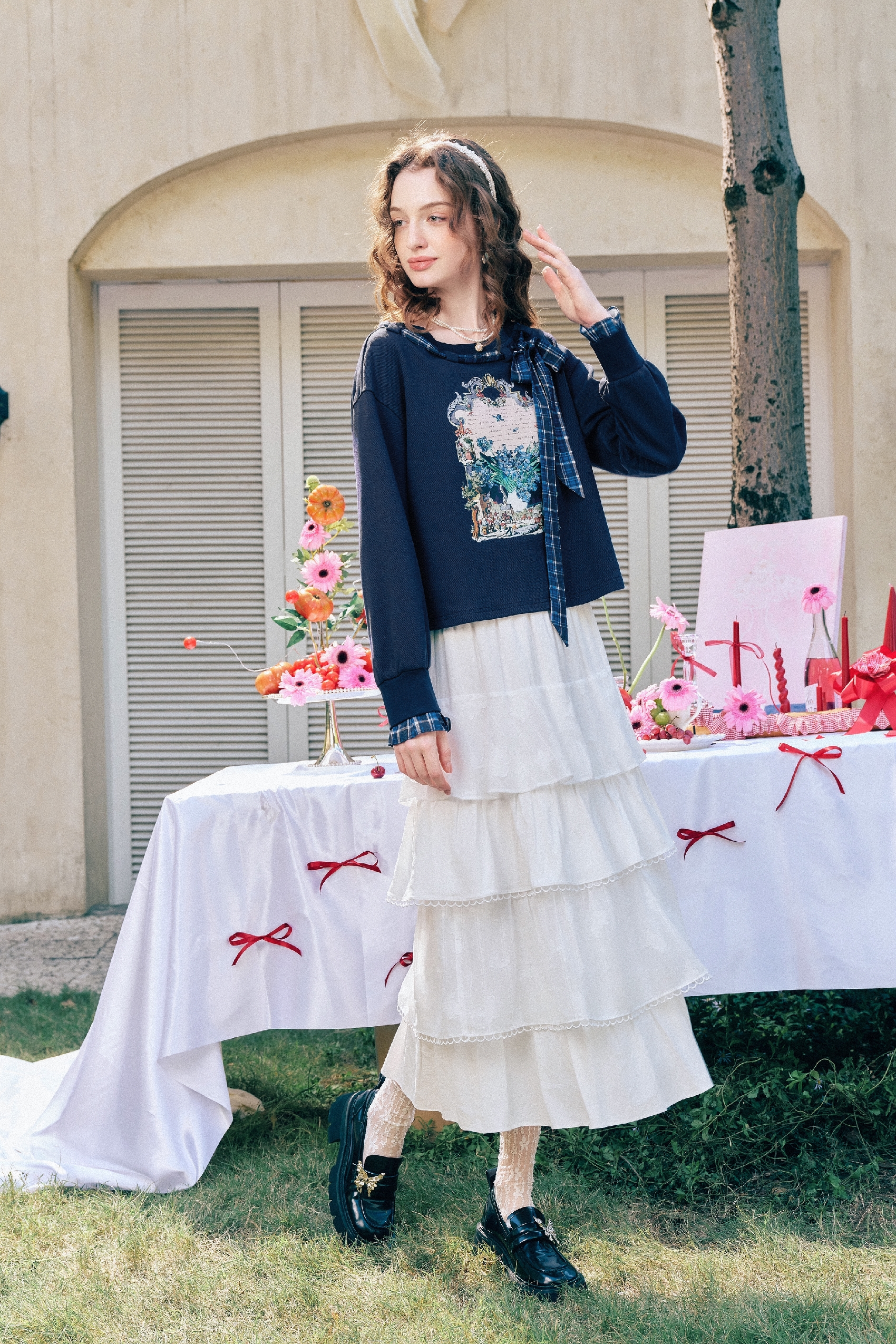 Vintage Printed Plaid Bow T-Shirt