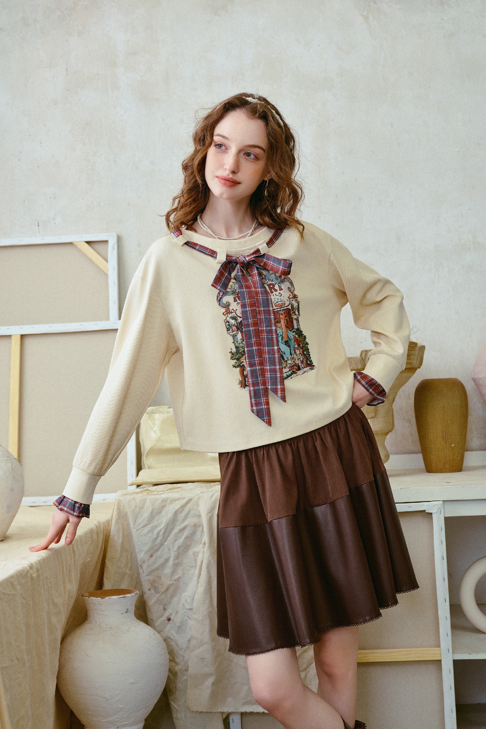 Vintage Printed Plaid Bow T-Shirt