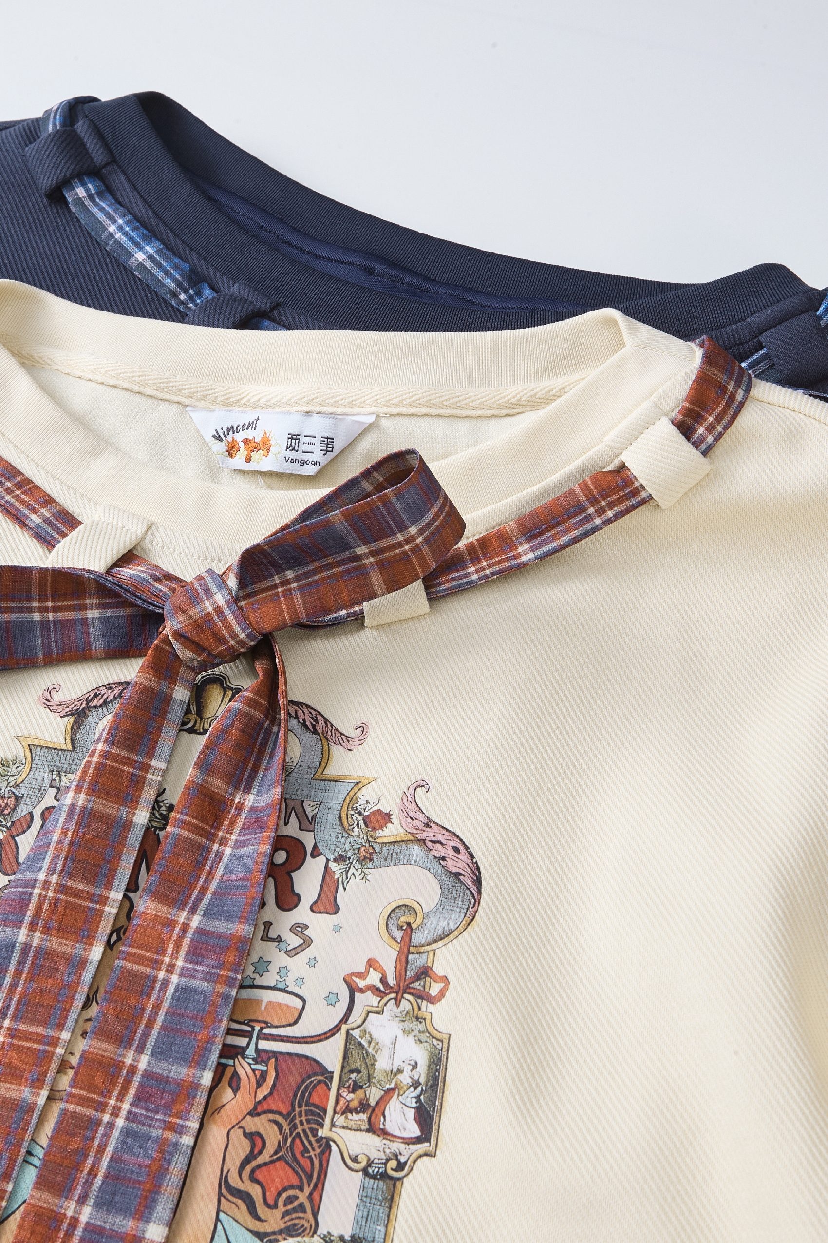 Vintage Printed Plaid Bow T-Shirt