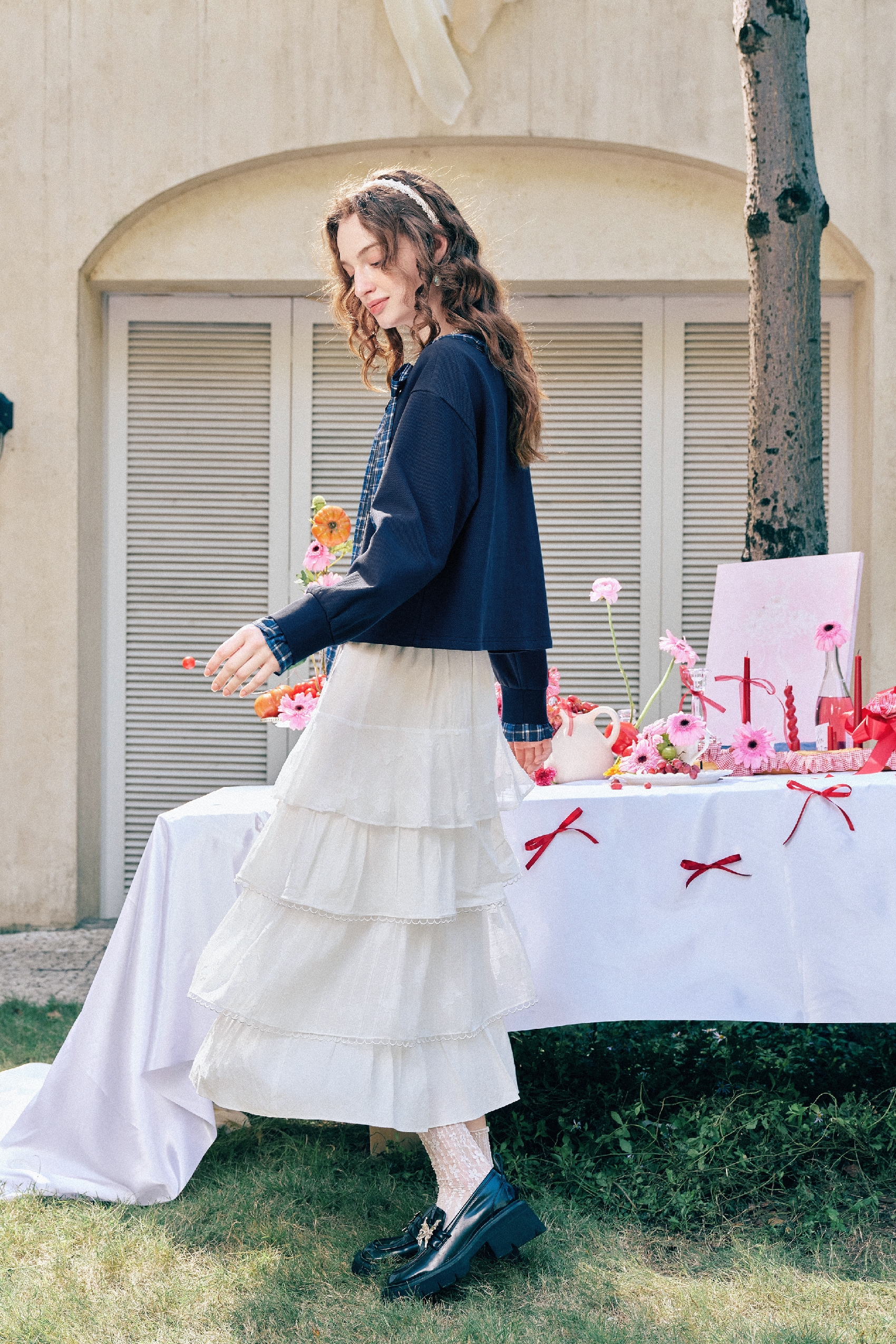 Vintage Printed Plaid Bow T-Shirt