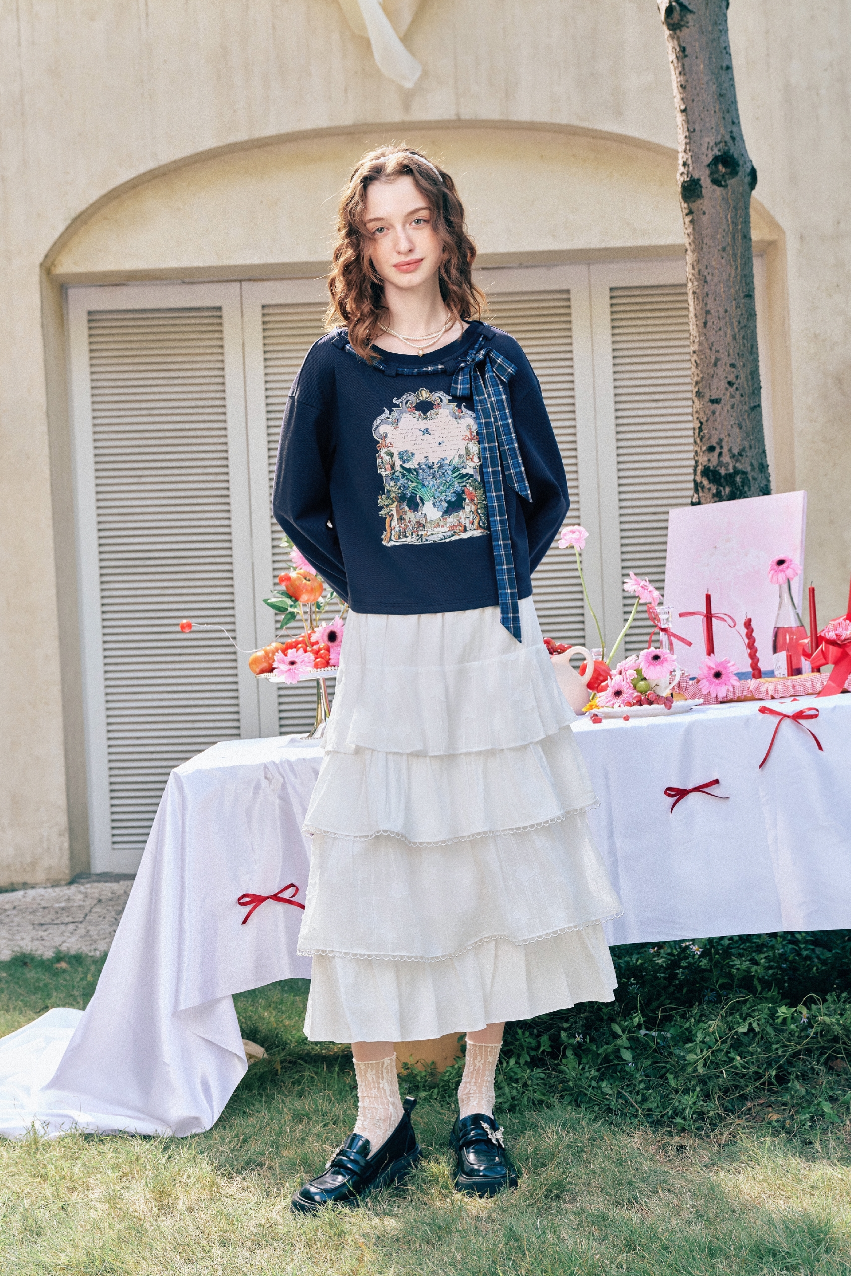 Vintage Printed Plaid Bow T-Shirt