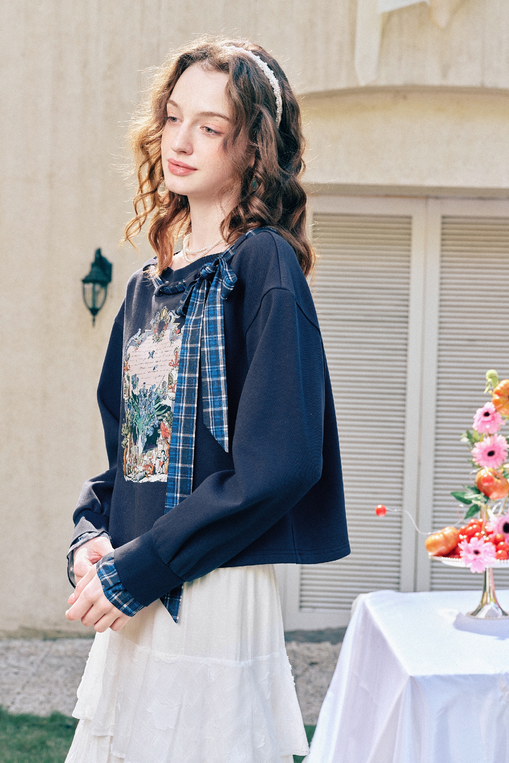 Vintage Printed Plaid Bow T-Shirt