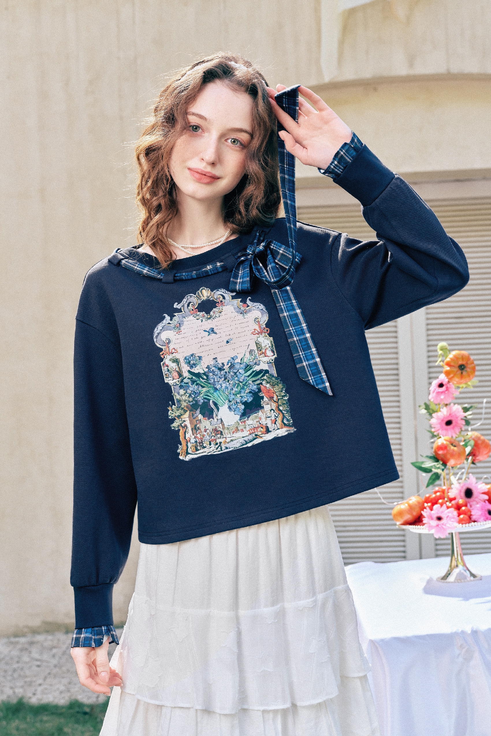 Vintage Printed Plaid Bow T-Shirt