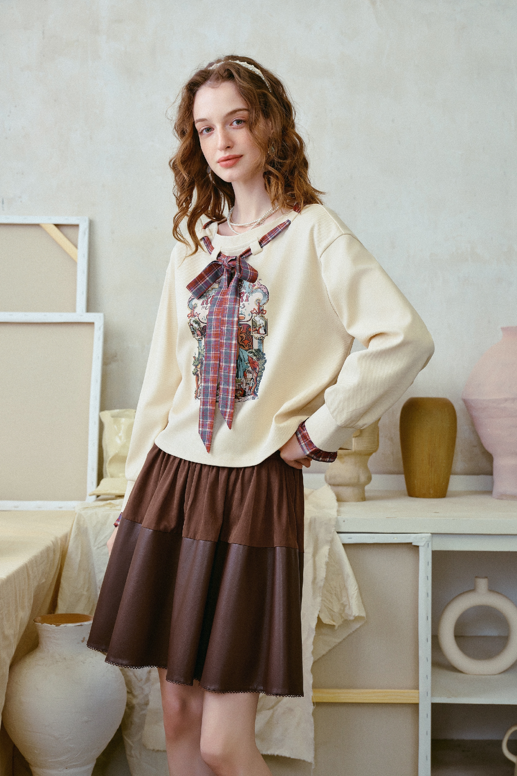 Vintage Printed Plaid Bow T-Shirt