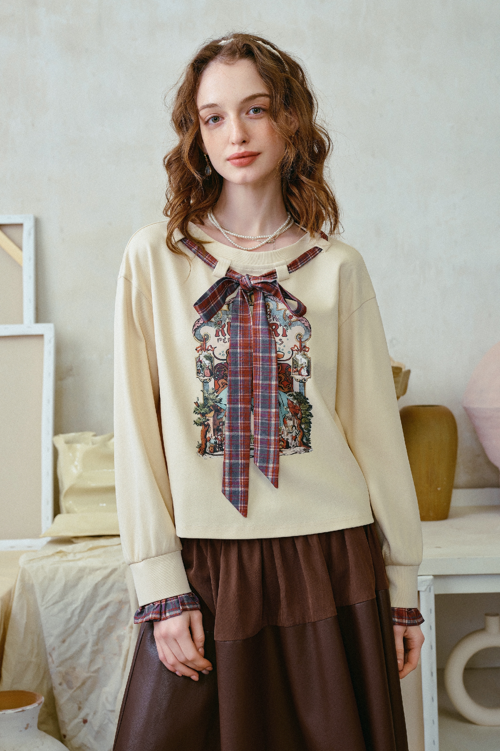 Vintage Printed Plaid Bow T-Shirt