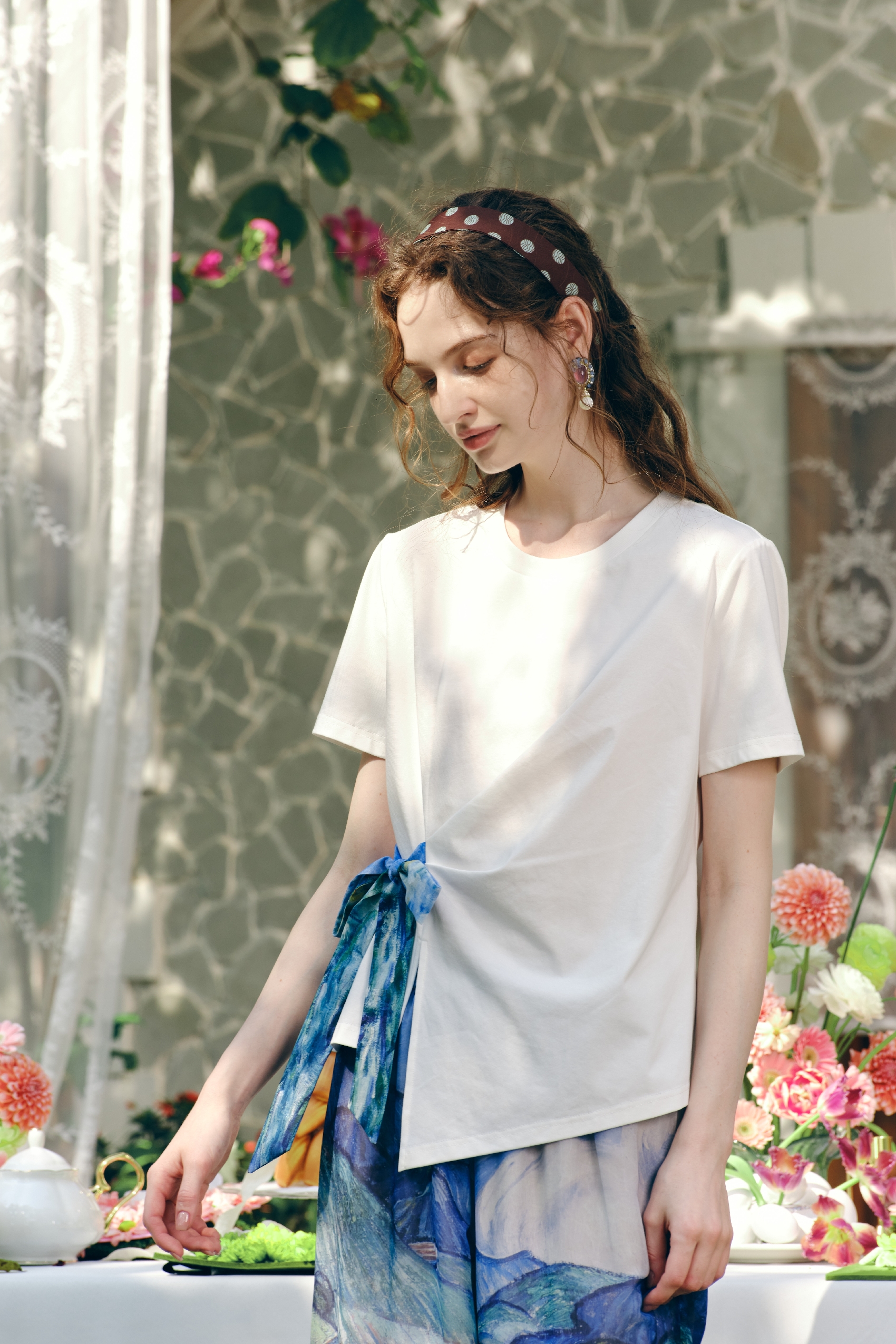 Printed Tie-Detail White T-Shirt