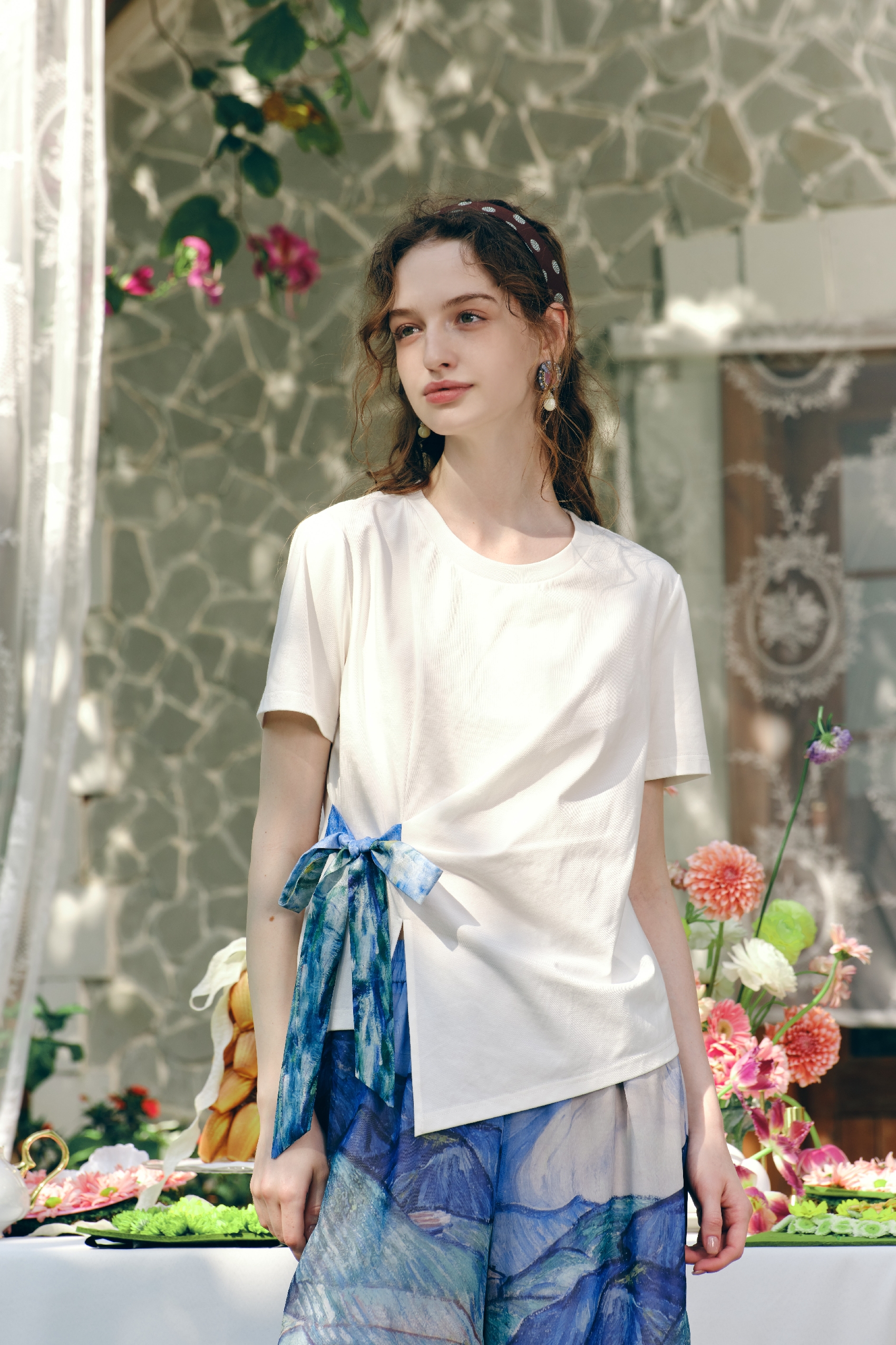 Printed Tie-Detail White T-Shirt