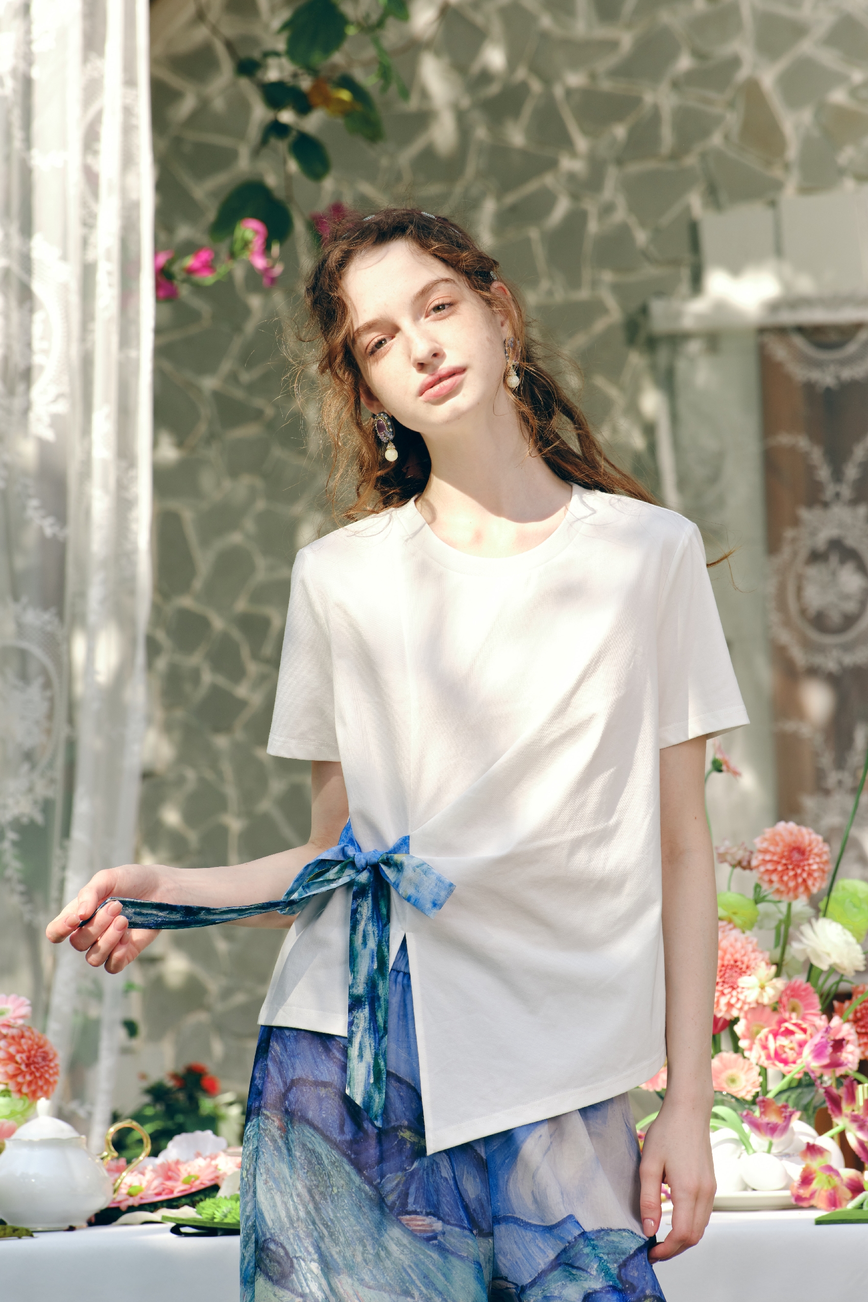 Printed Tie-Detail White T-Shirt