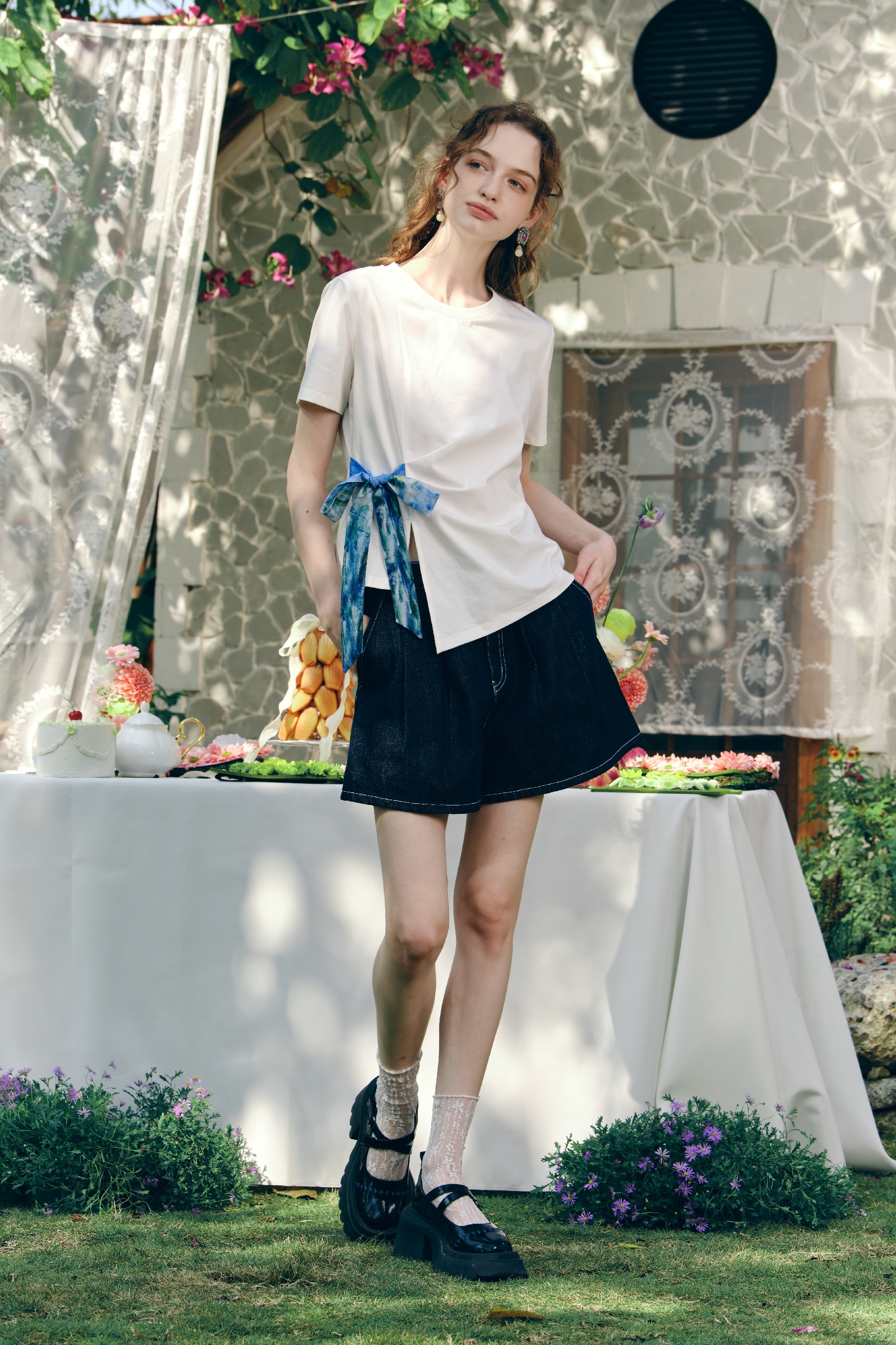 Printed Tie-Detail White T-Shirt