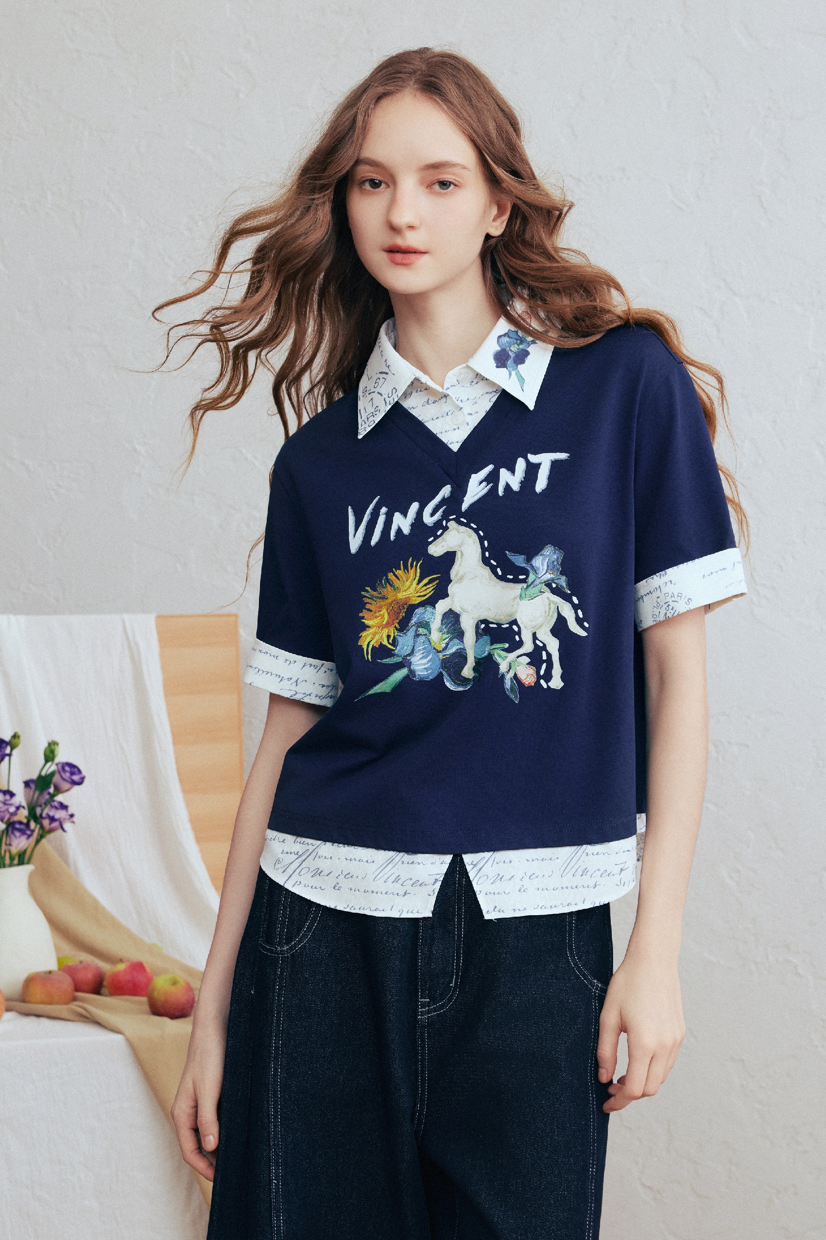 Printed Faux Two-Piece T-Shirt