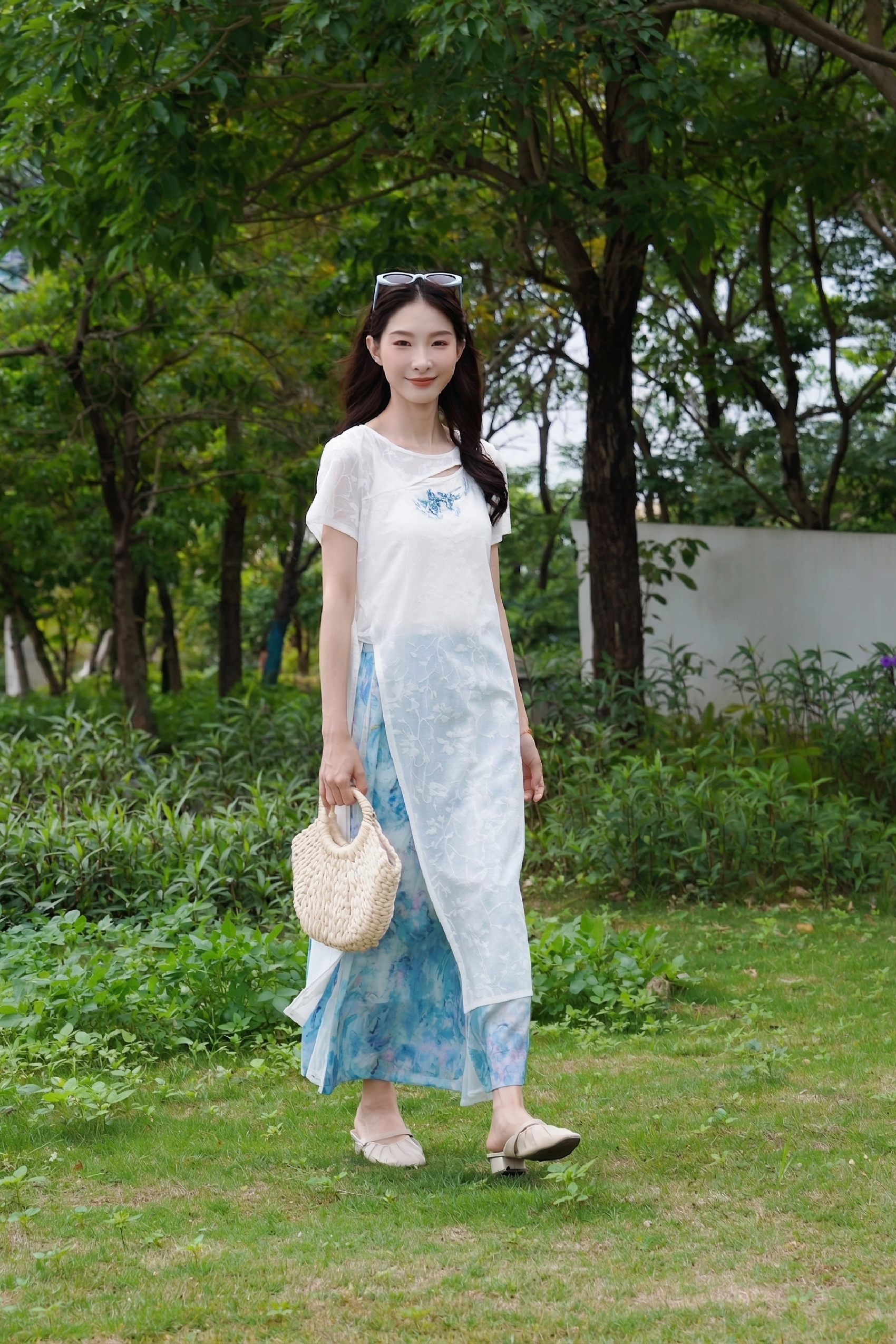 Embroidered Top and Printed Skirt Set