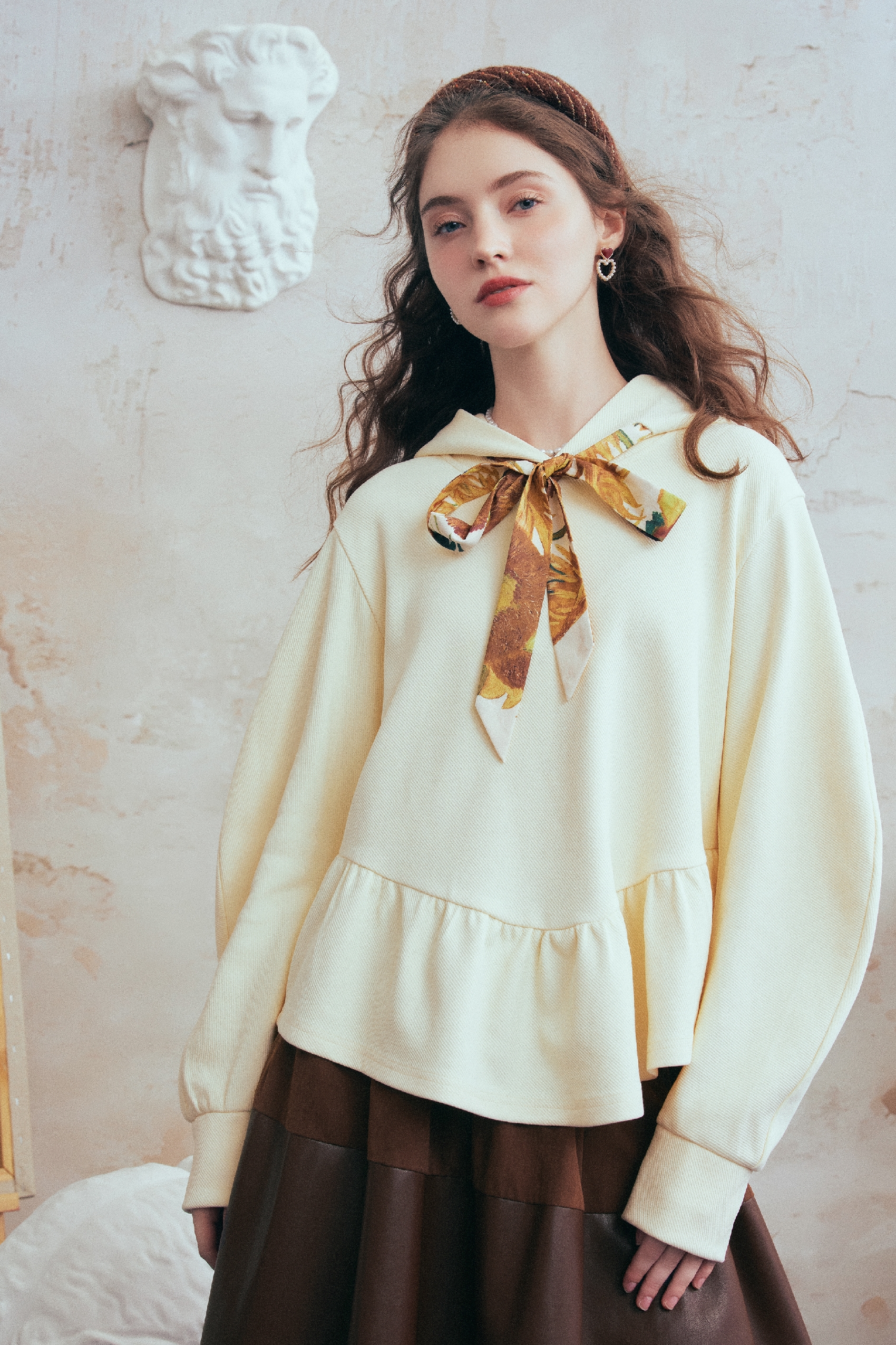 Printed Tie-Detail Hooded Sweatshirt