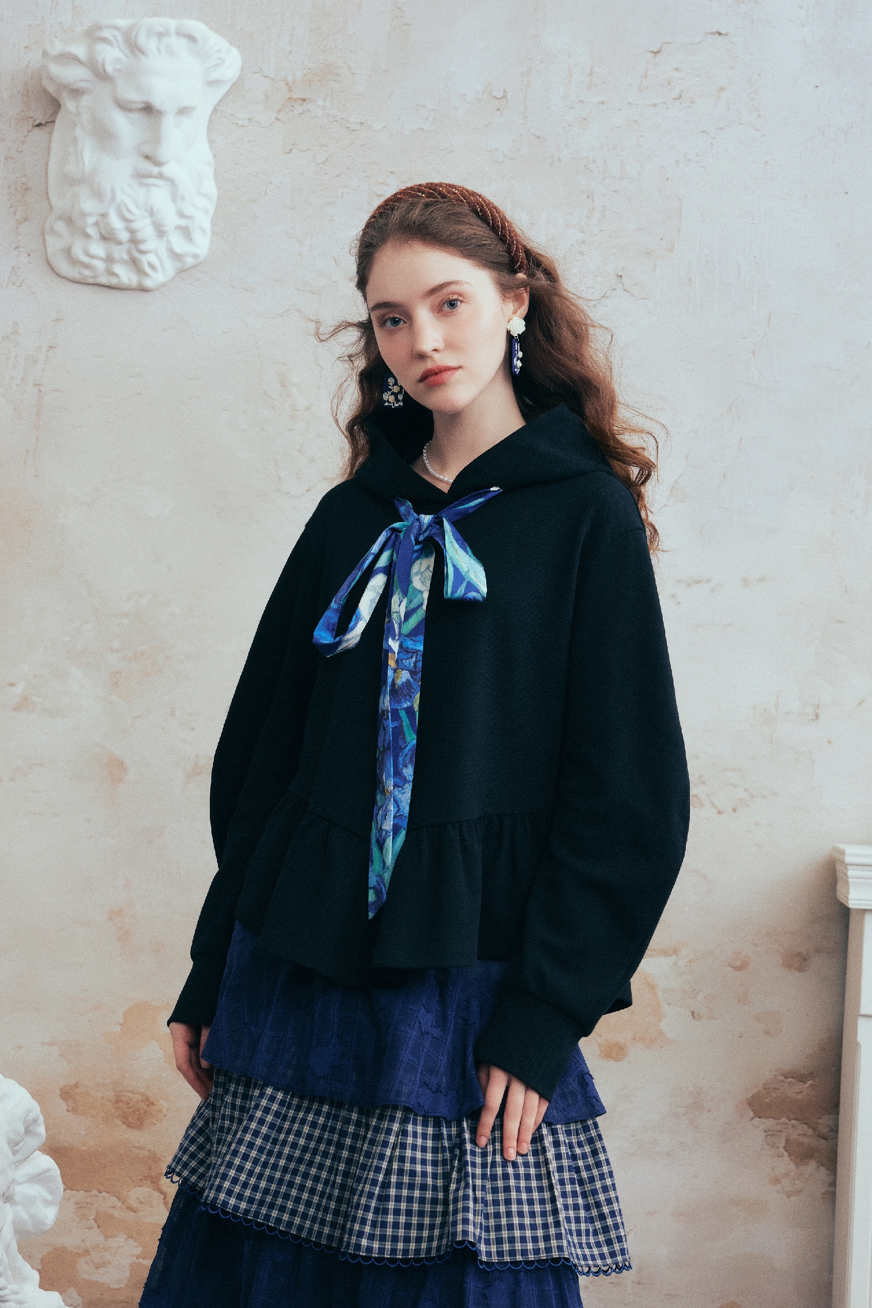 Printed Tie-Detail Hooded Sweatshirt