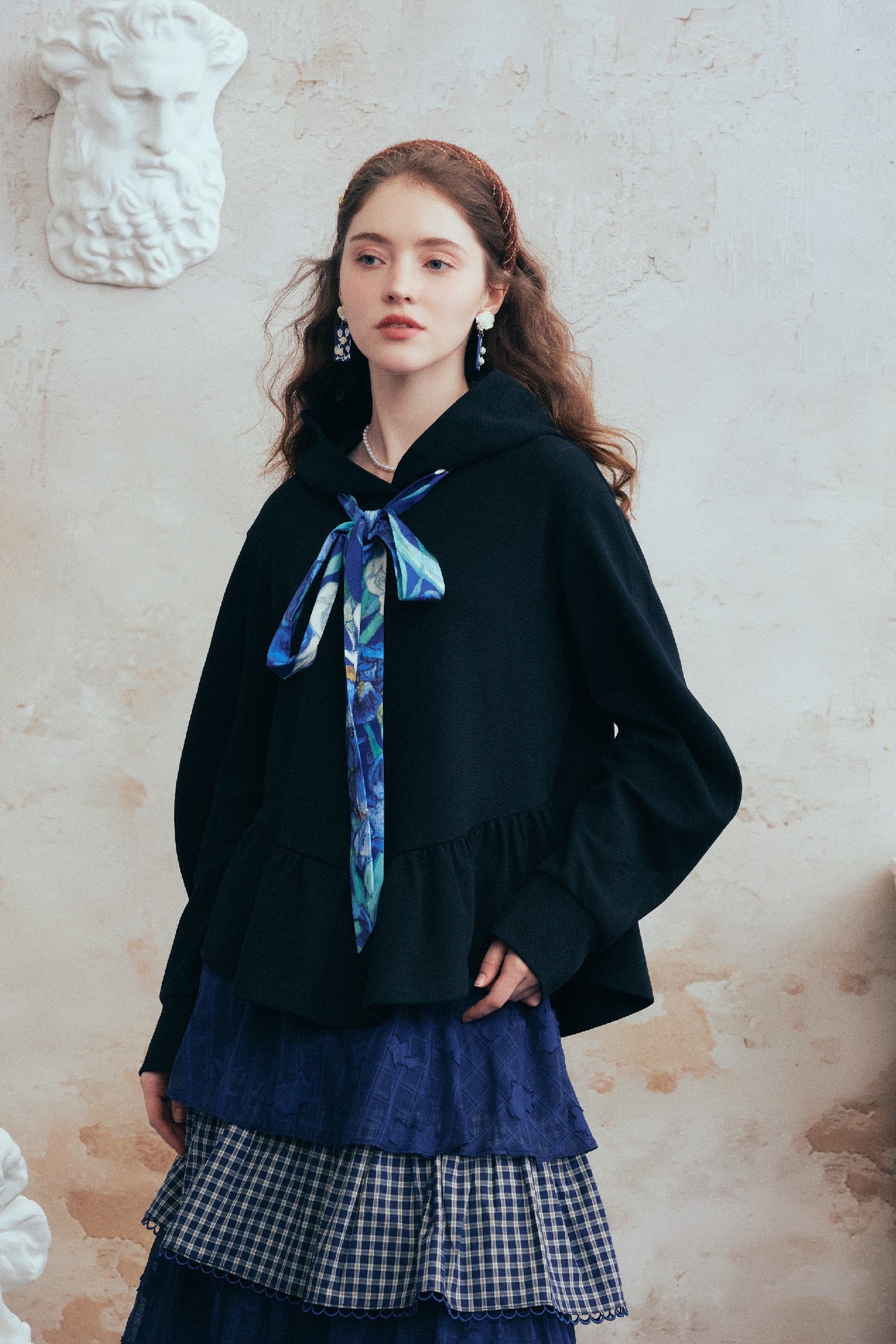 Printed Tie-Detail Hooded Sweatshirt