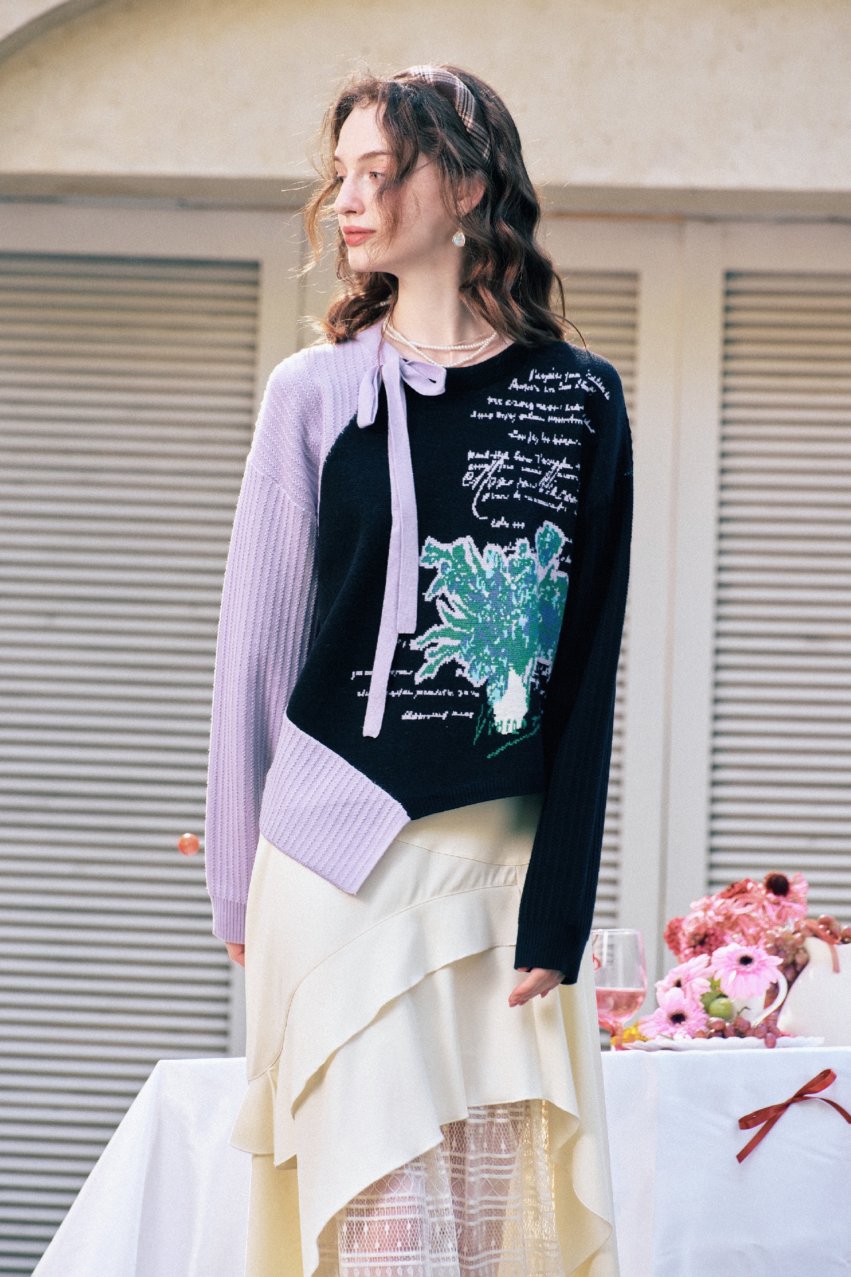 Color-Block Asymmetric Hem Tie Knit Top-LYONSENS