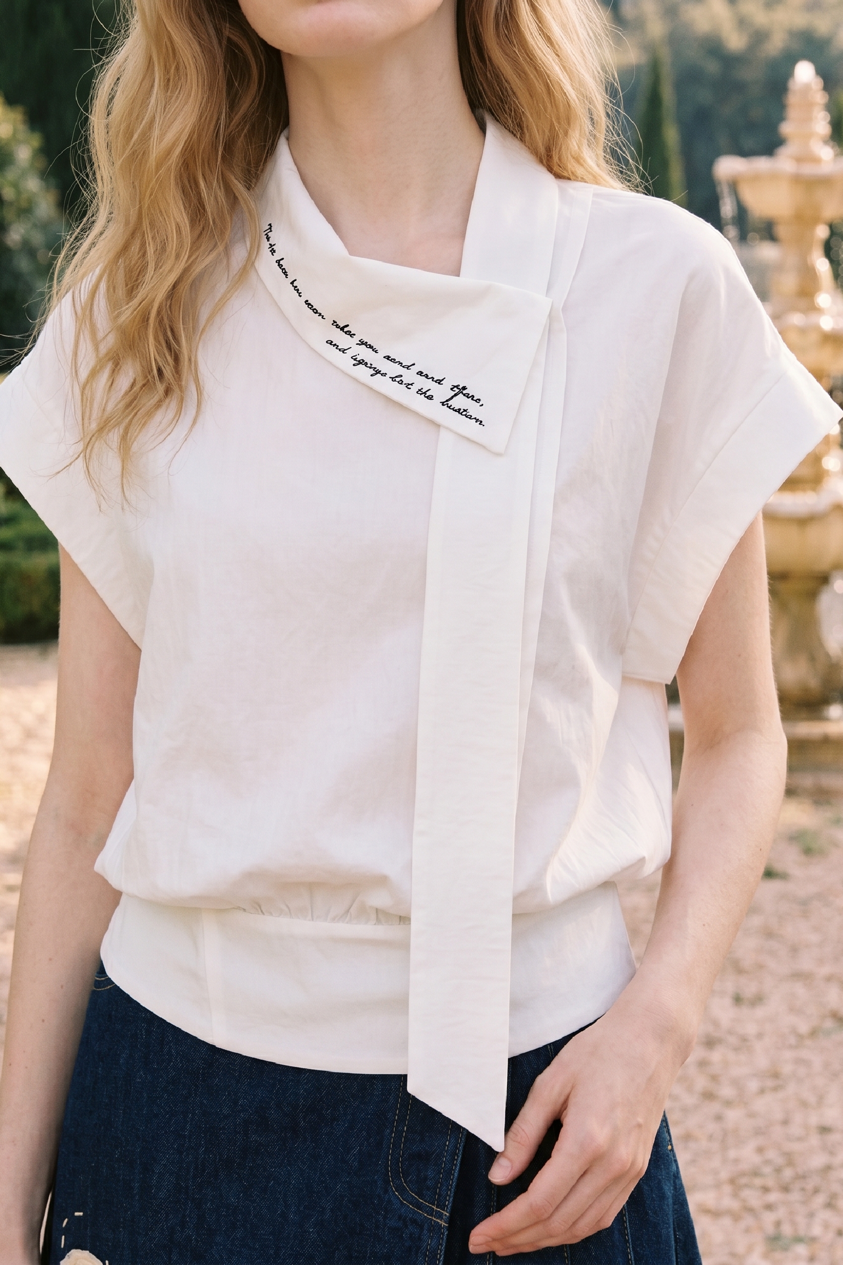 Irregular Draped Ribbon Short Sleeve Blouse