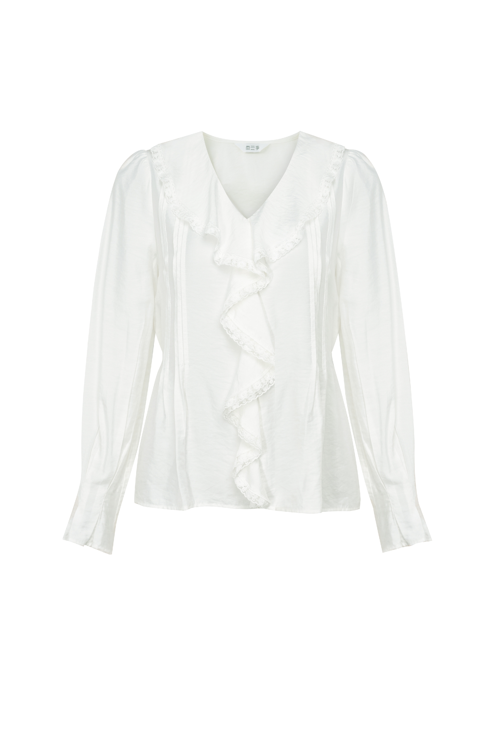 White Pintuck Ruffle Blouse with Lace Trim-LYONSENS