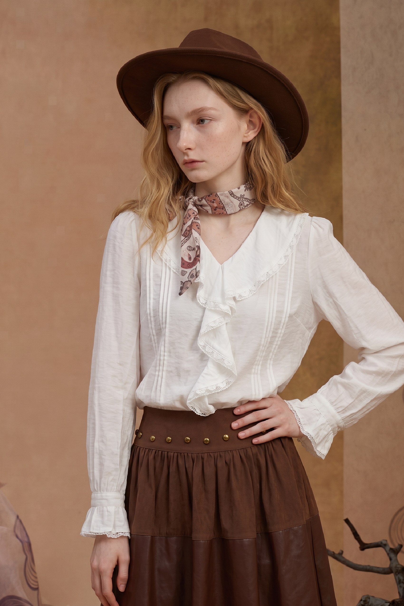 White Pintuck Ruffle Blouse with Lace Trim-LYONSENS