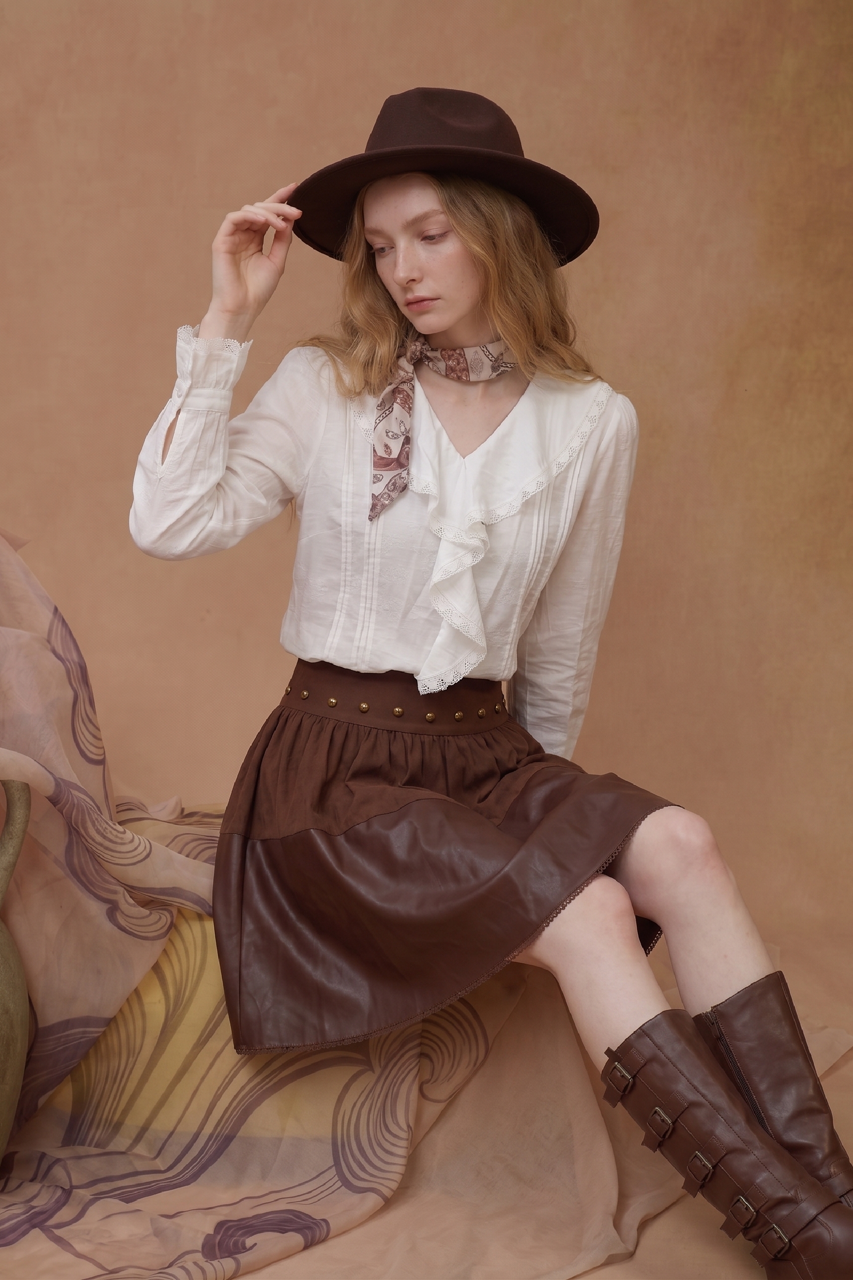 White Pintuck Ruffle Blouse with Lace Trim-LYONSENS