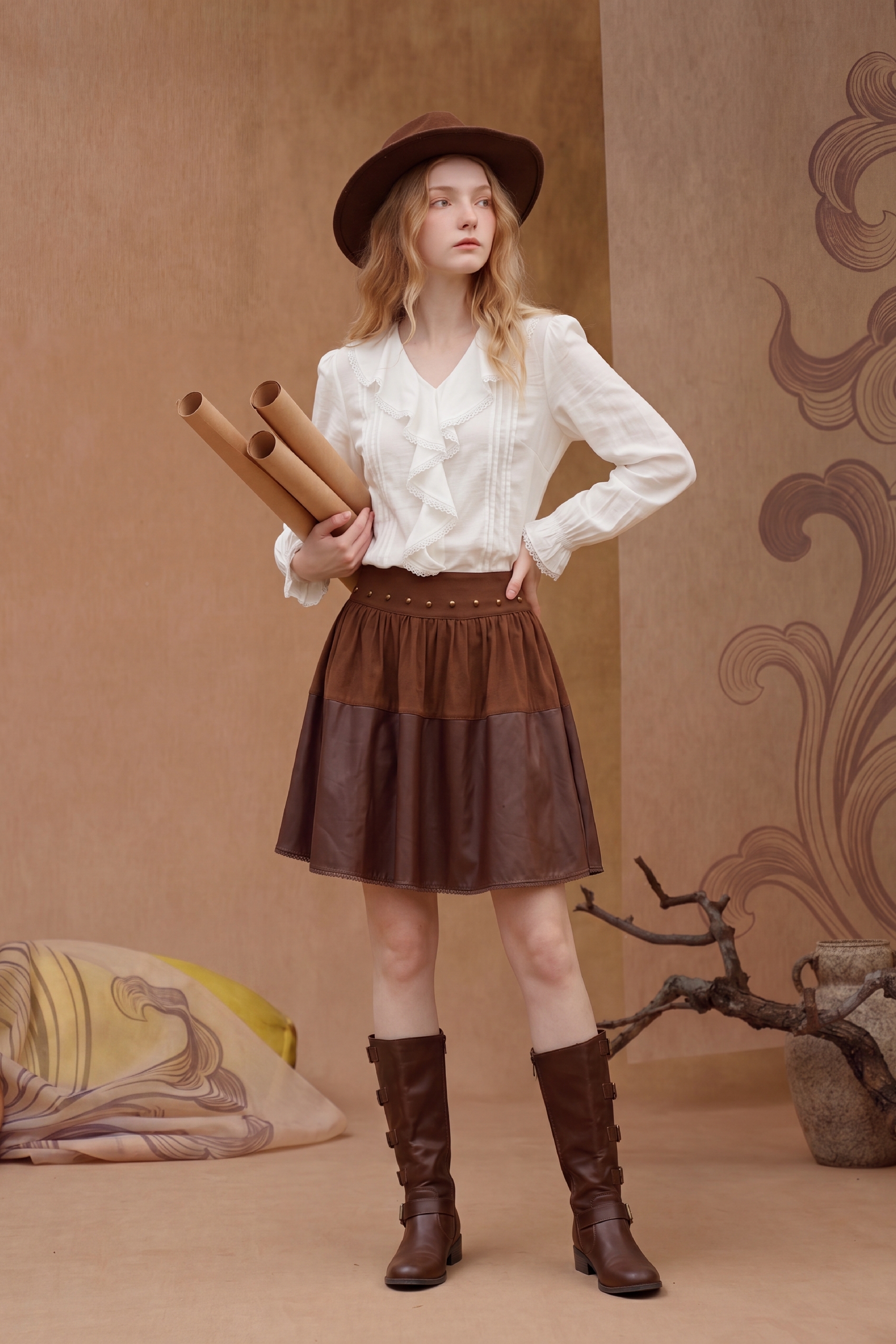 White Pintuck Ruffle Blouse with Lace Trim-LYONSENS