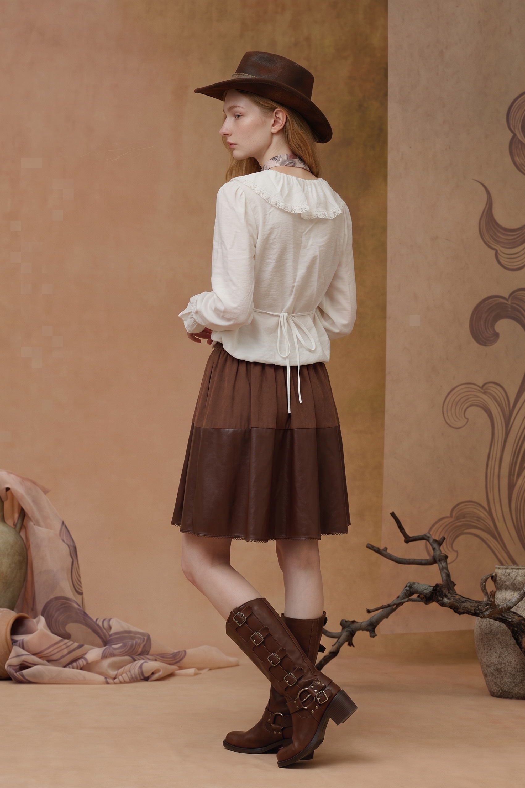 White Pintuck Ruffle Blouse with Lace Trim-LYONSENS