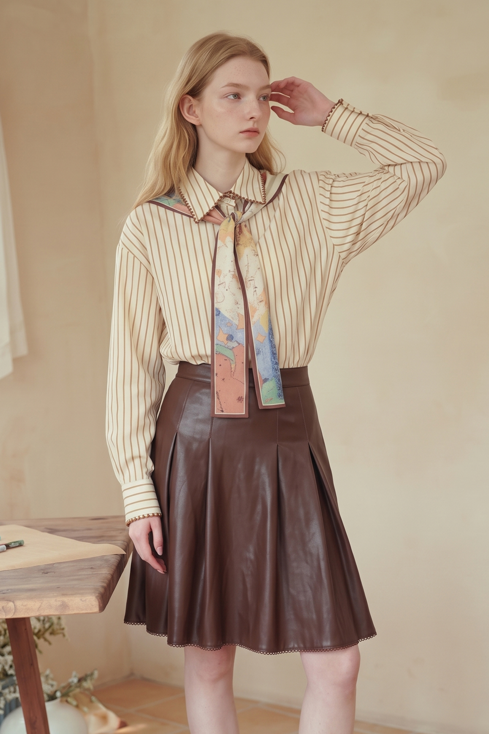 Tie Neck Shirt With Shawl Collar