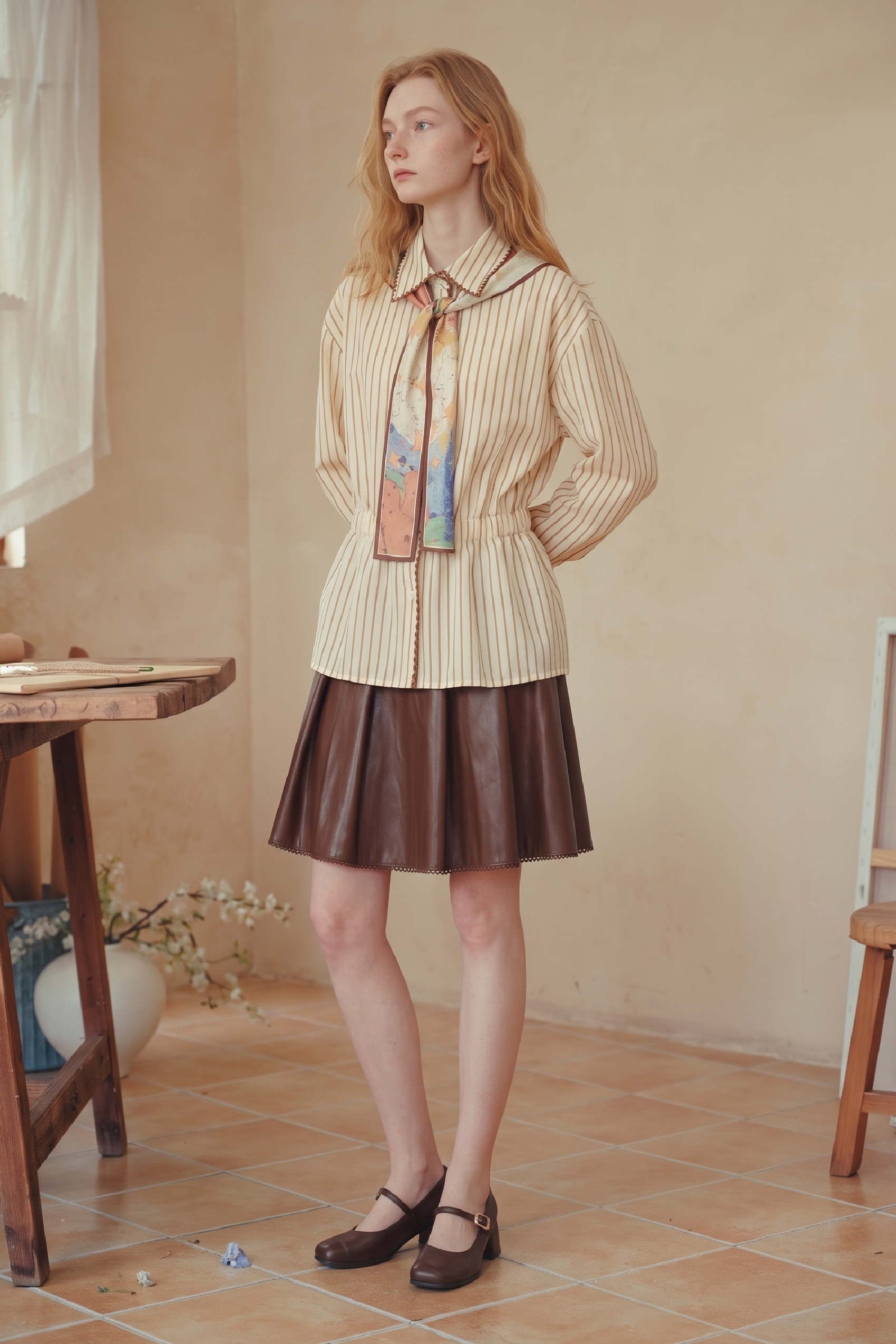 Tie Neck Shirt With Shawl Collar