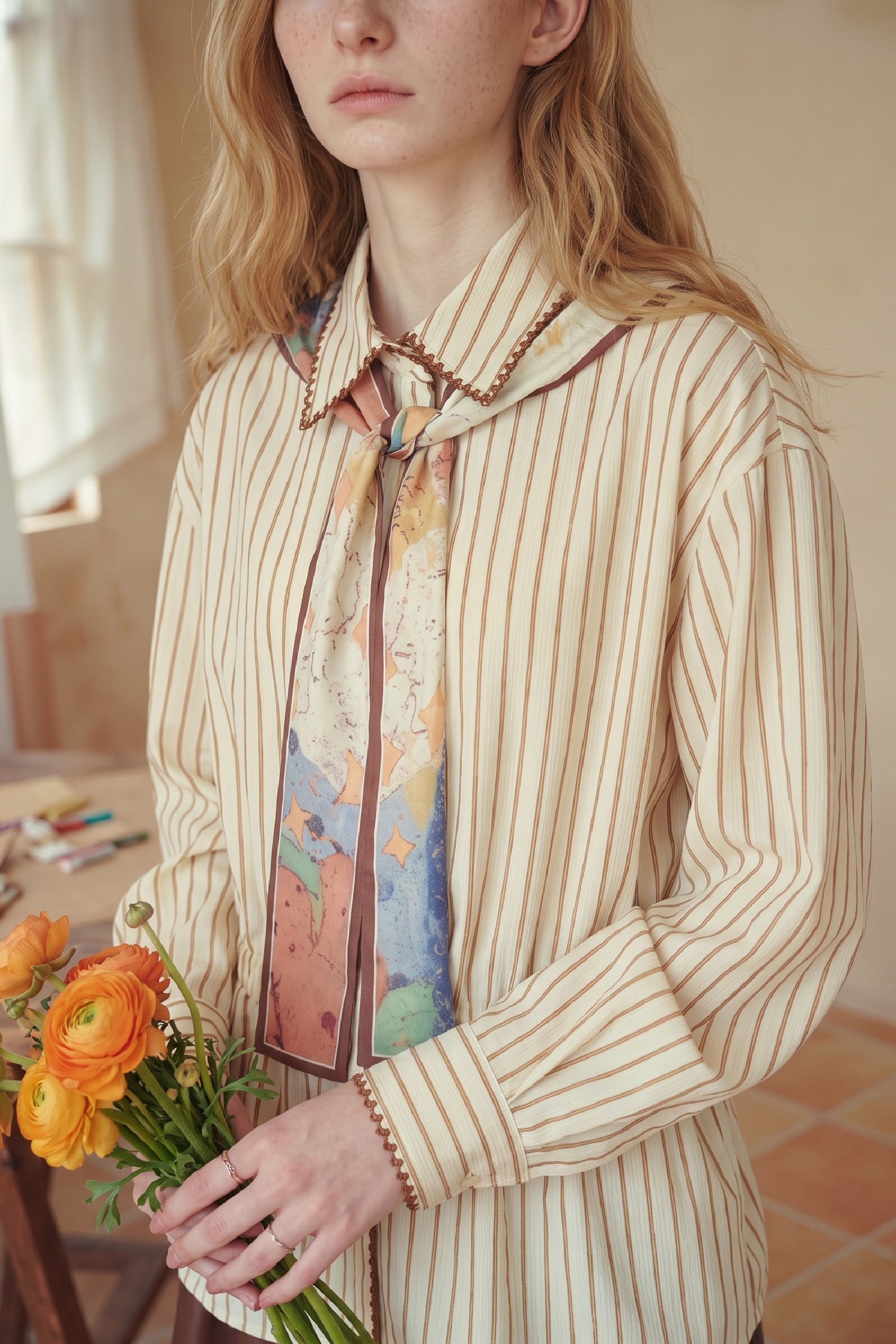 Tie Neck Shirt With Shawl Collar