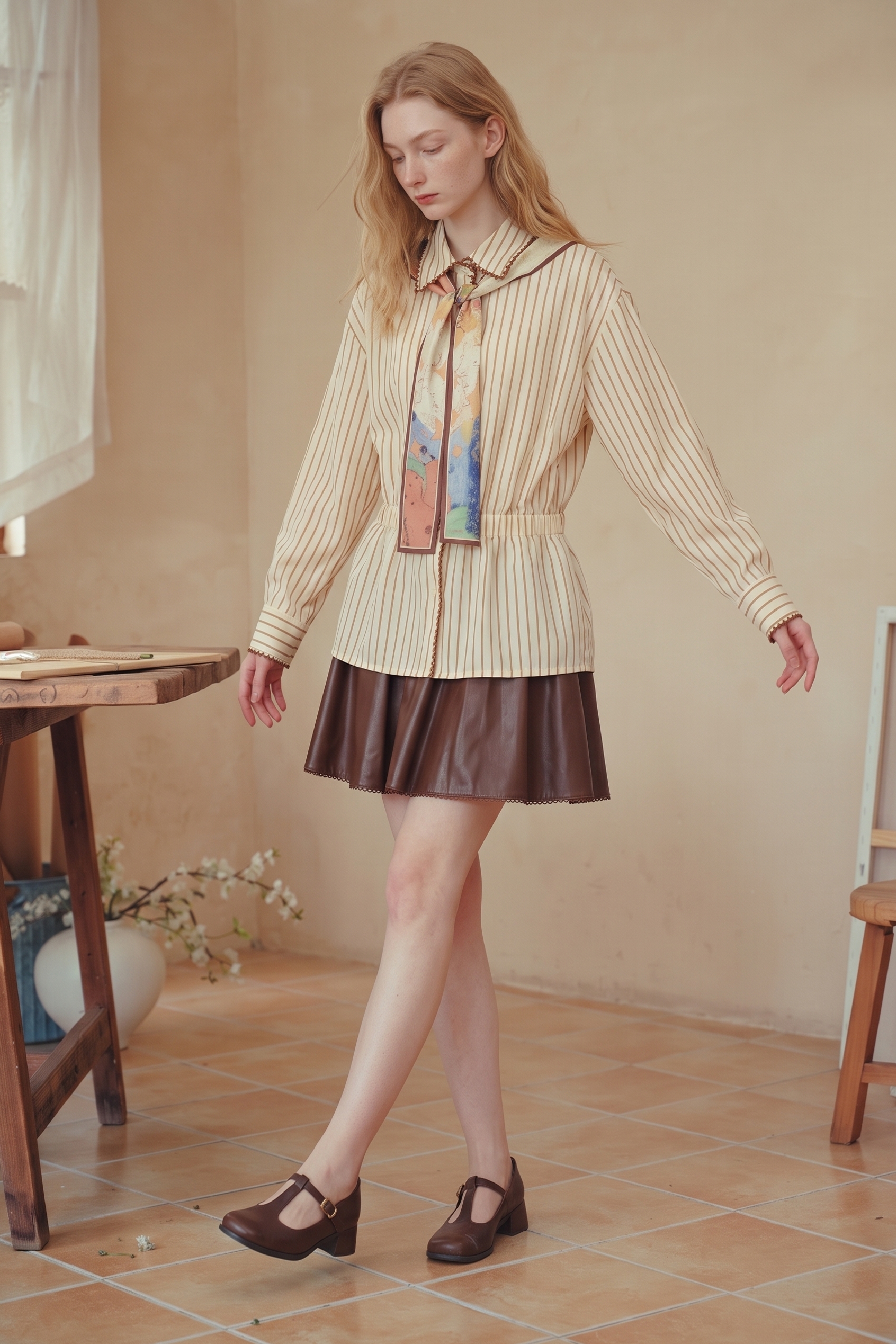 Tie Neck Shirt With Shawl Collar