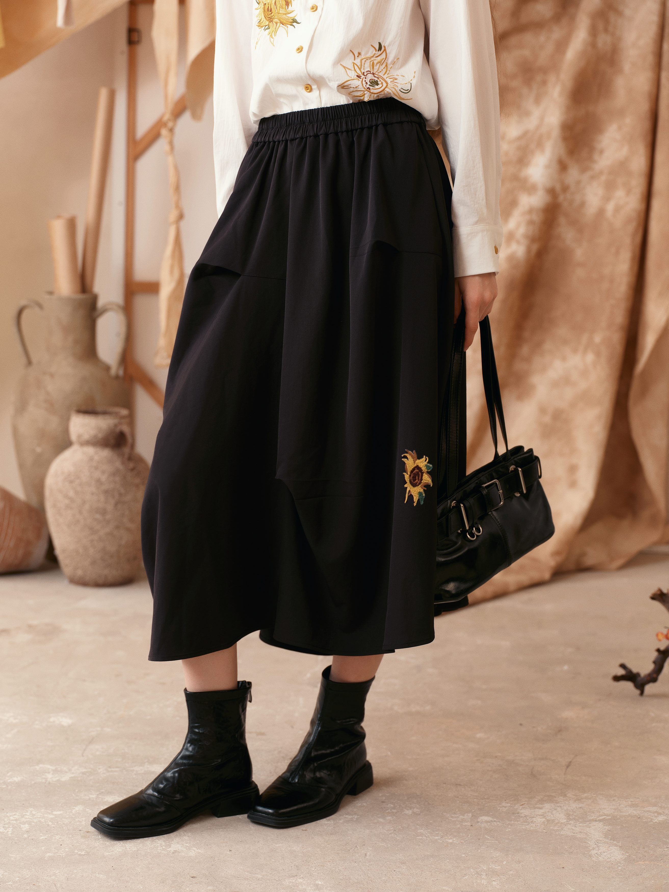 Brown Floral Tulip Wide-Hem Skirt