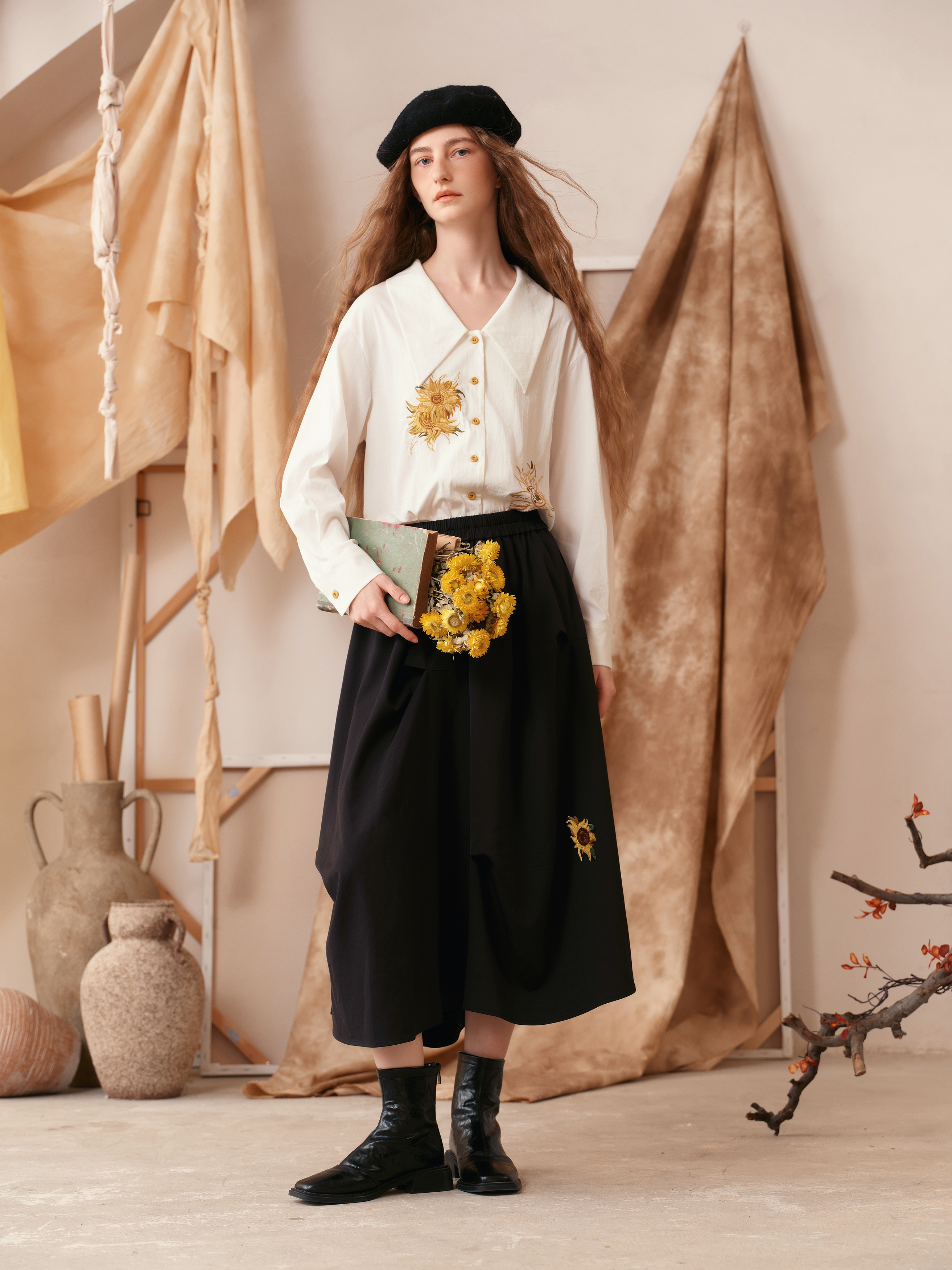Brown Floral Tulip Wide-Hem Skirt