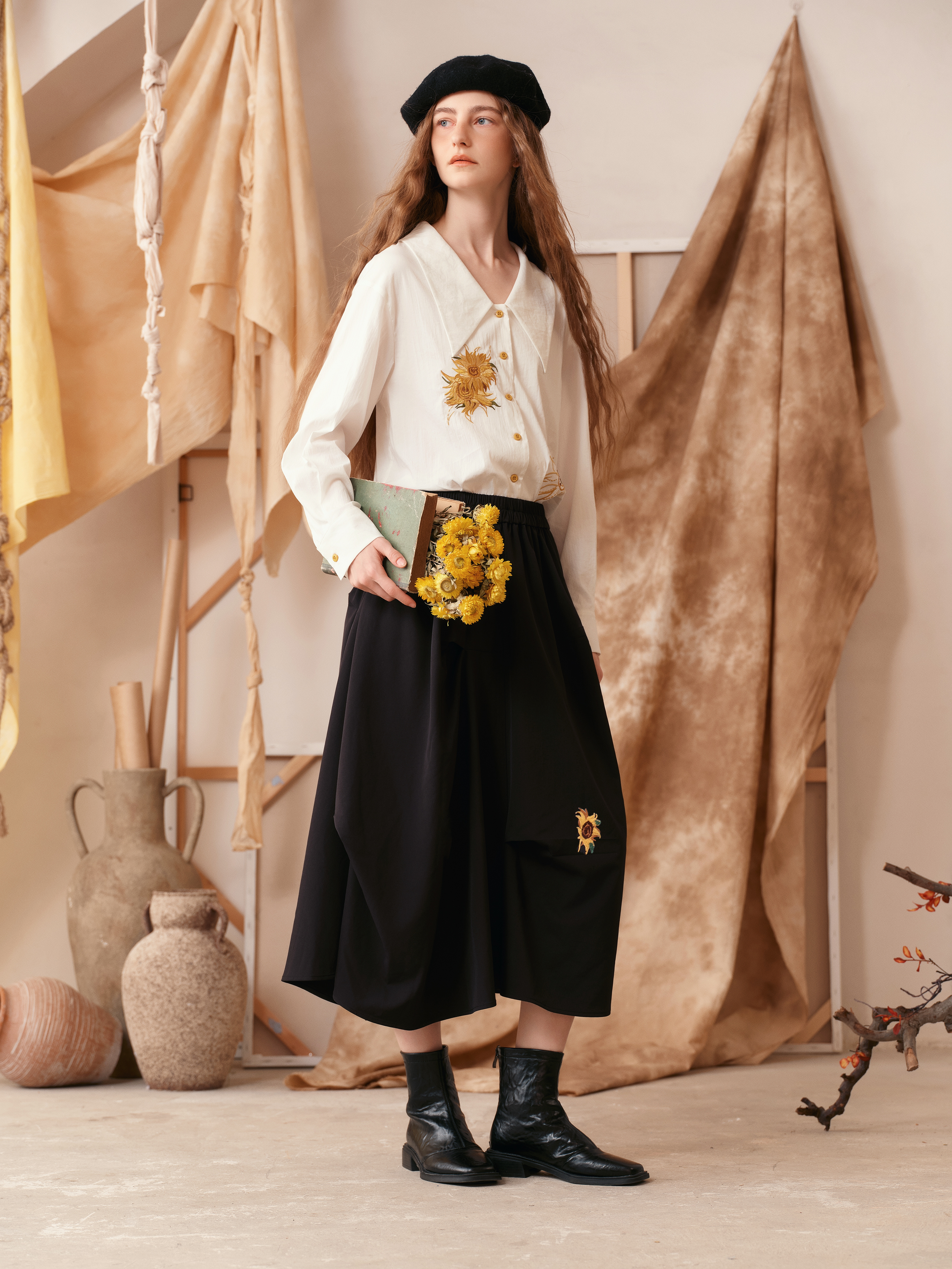 Brown Floral Tulip Wide-Hem Skirt