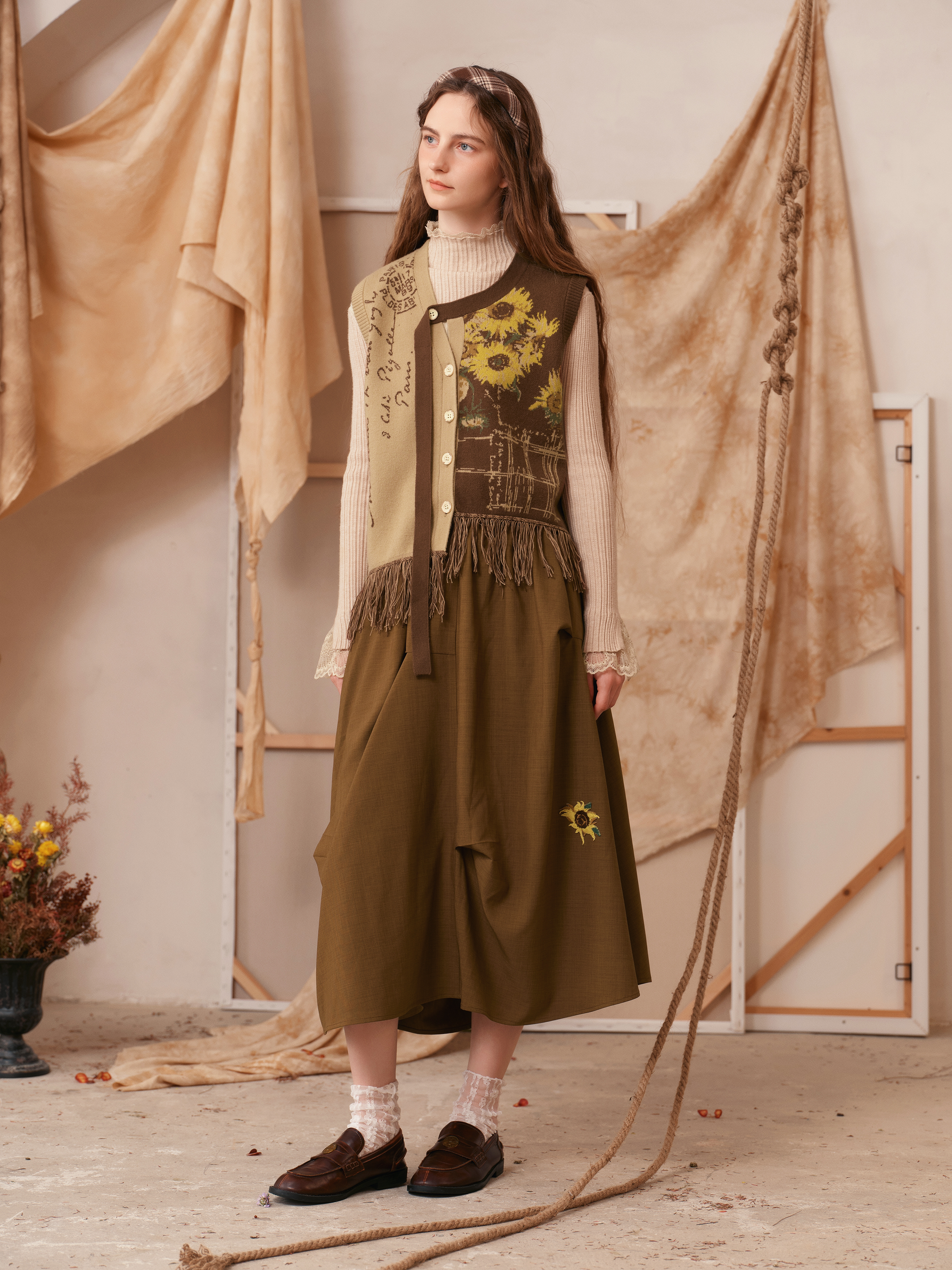 Brown Floral Tulip Wide-Hem Skirt